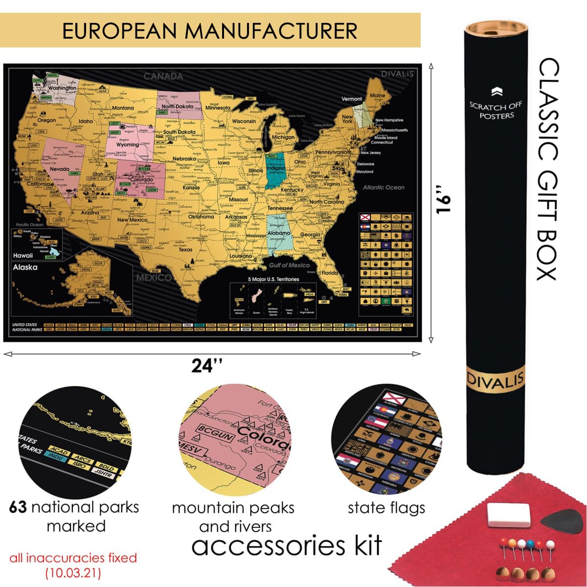 2 in 1 Gift Set - Scratch Off US Map and 63 National Parks Poster - 24x16 Easy to Frame Scratchable United States of America Posters - Globetrotters Wall Map - Black and Gold Travel Tracker