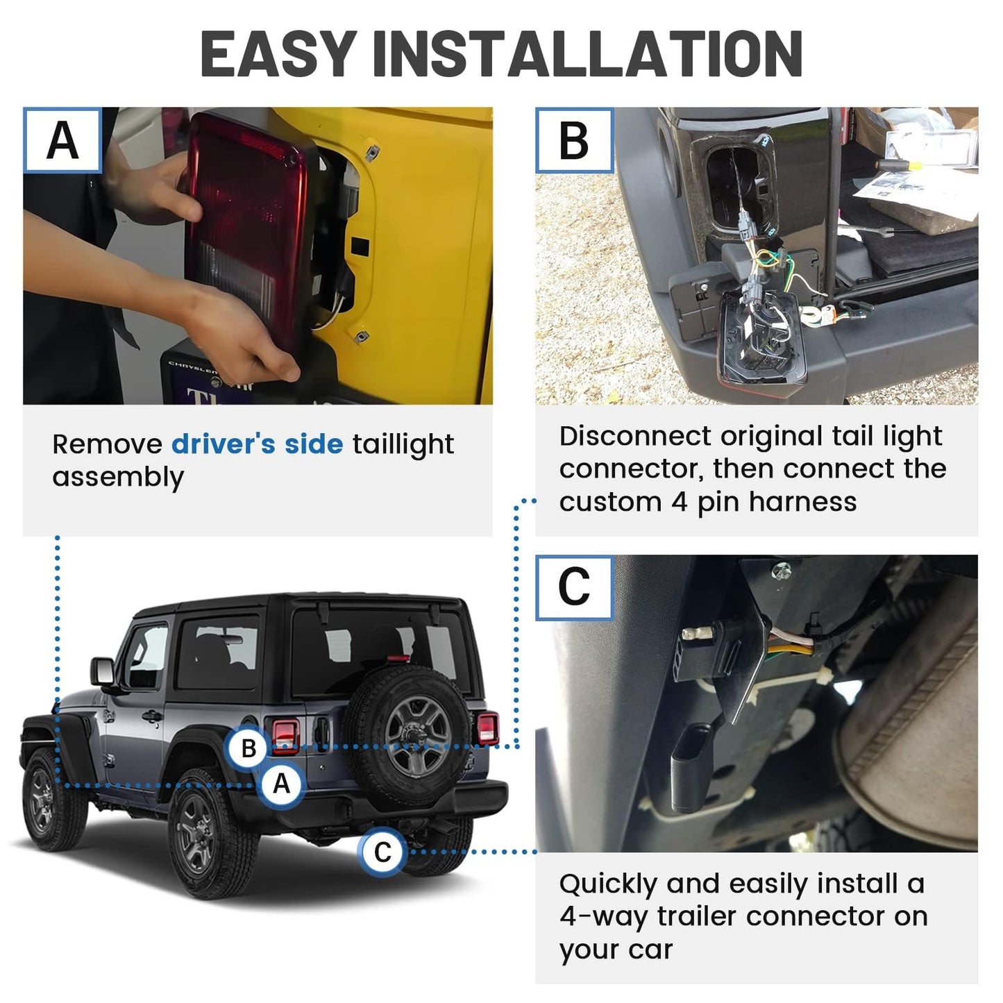 MECMO 4-Pin Trailer Wiring Harness for Jeep Wrangler JK JKU 2007-2018, Tow Hitch Wiring for Rubicon Sahara Sport Unlimited 2-Door 4-Door Trailer Light Connect Custom 4 Way Plug and Play T-Connector