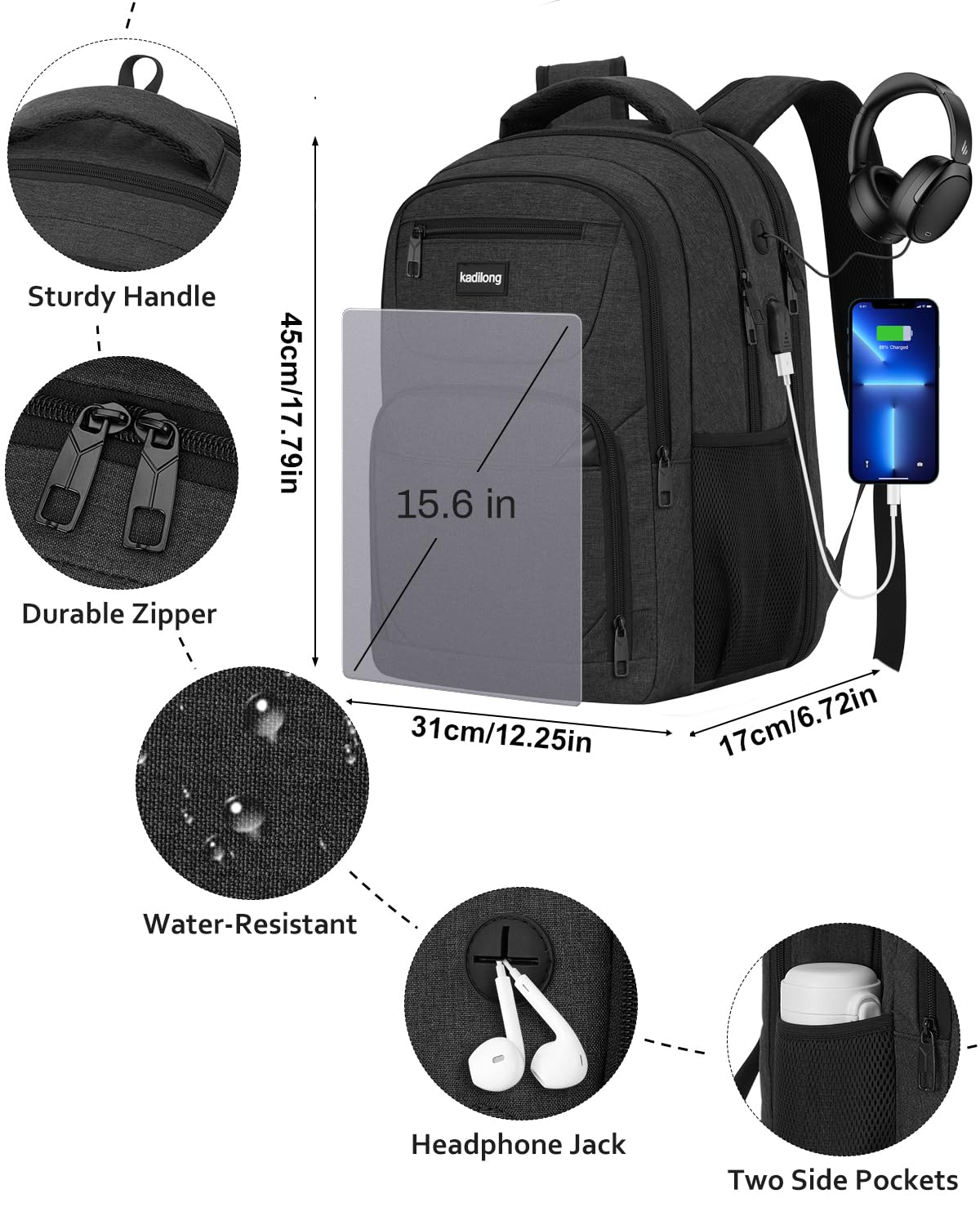 Laptop Backpack for Men,School Bookbag Gift for Teens Boys Student High School,College Computer Bag Business Anti Theft Sturdy Back Pack with USB Charger Fits 15.6 Inch Notebook,Black