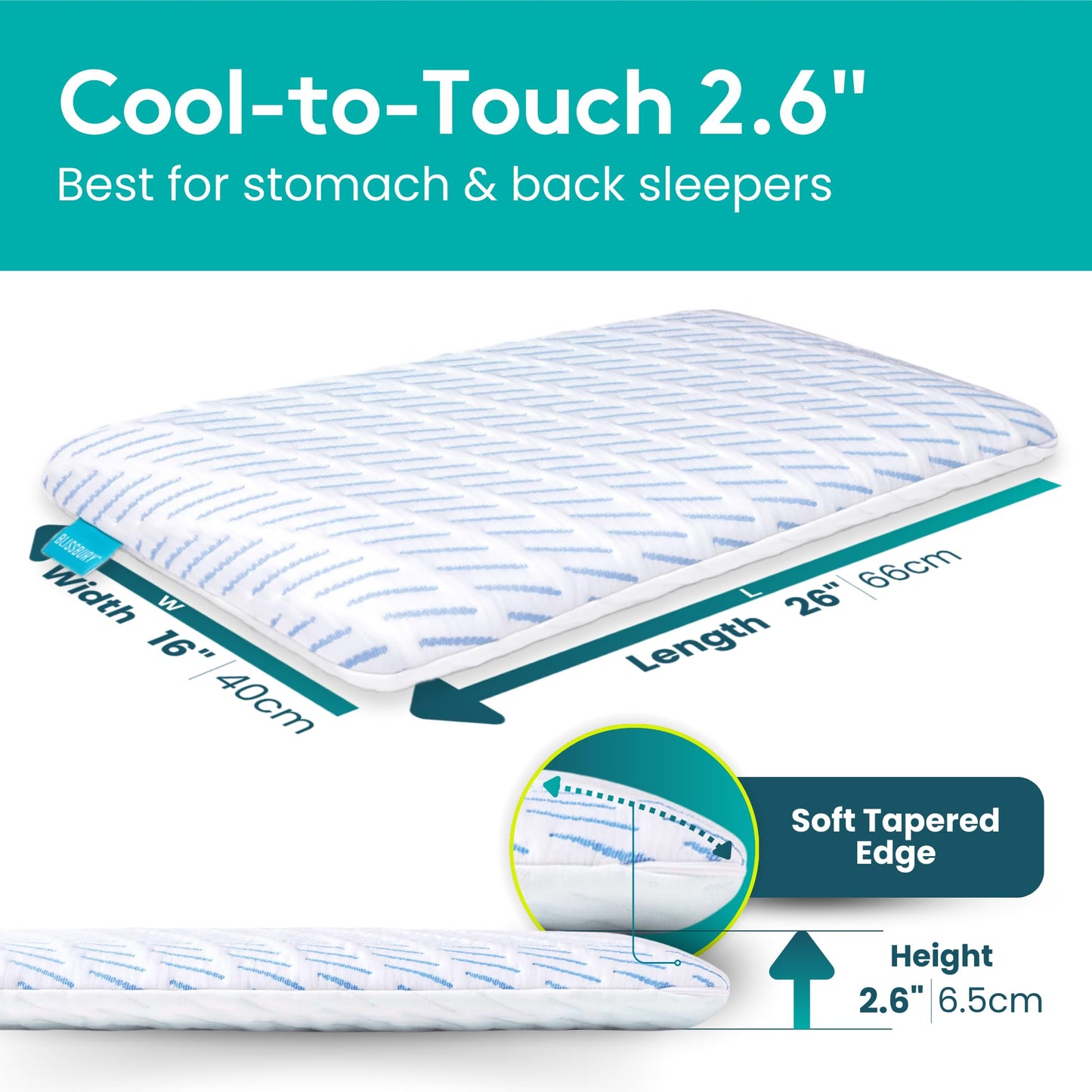 BLISSBURY 6.5cm Cooling Ultra Thin Pillow for Sleeping | Flat Pillow for Stomach Sleeper & Back Sleeper | Cool-to-Touch Memory Foam Stomach Sleeping Pillow | Removable Cool-Tech Pillow Case