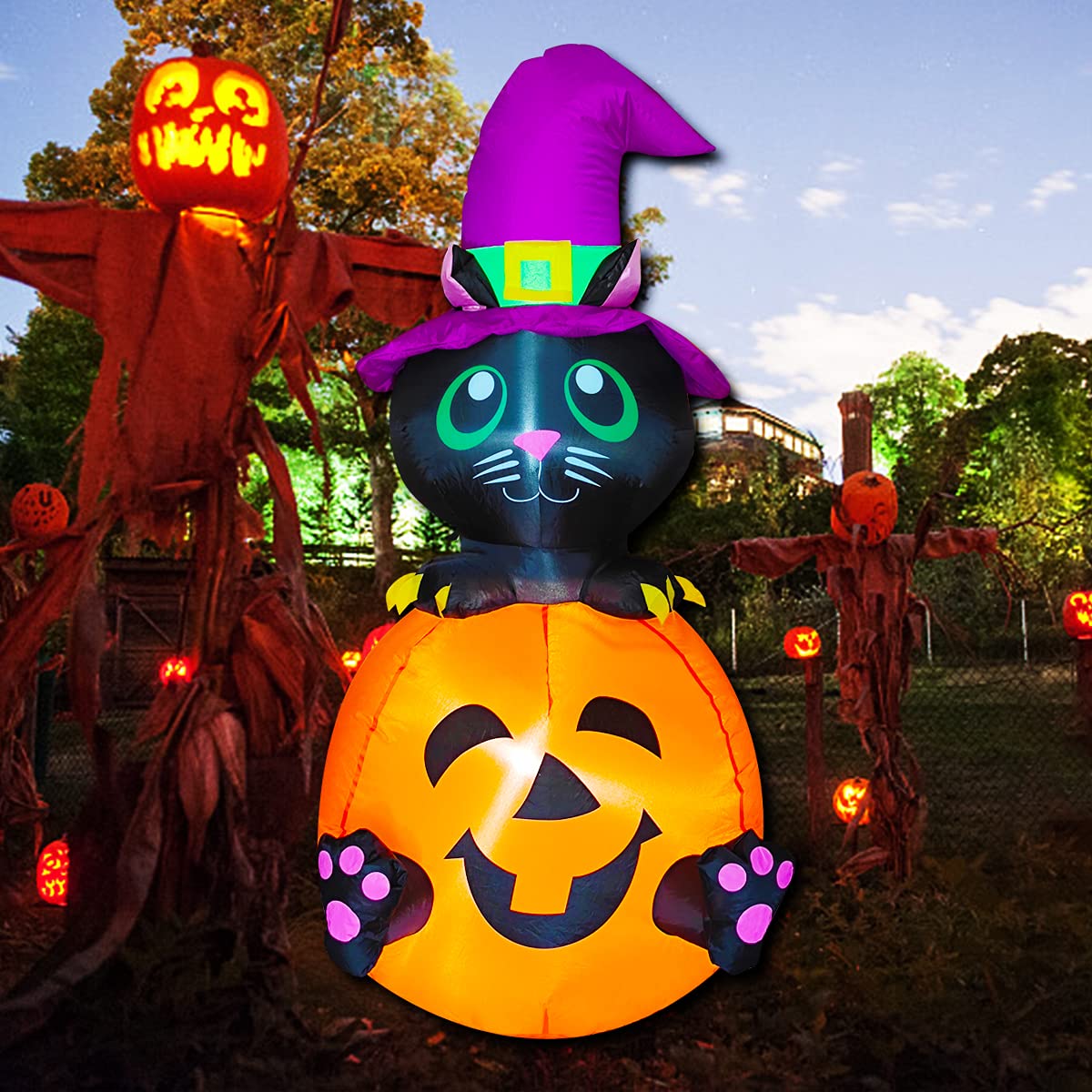 Poptrend 4 FT Inflatable Halloween Black Cat & Pumpkin Outdoor Blow Up Yard Decorations with Internal LED Lights