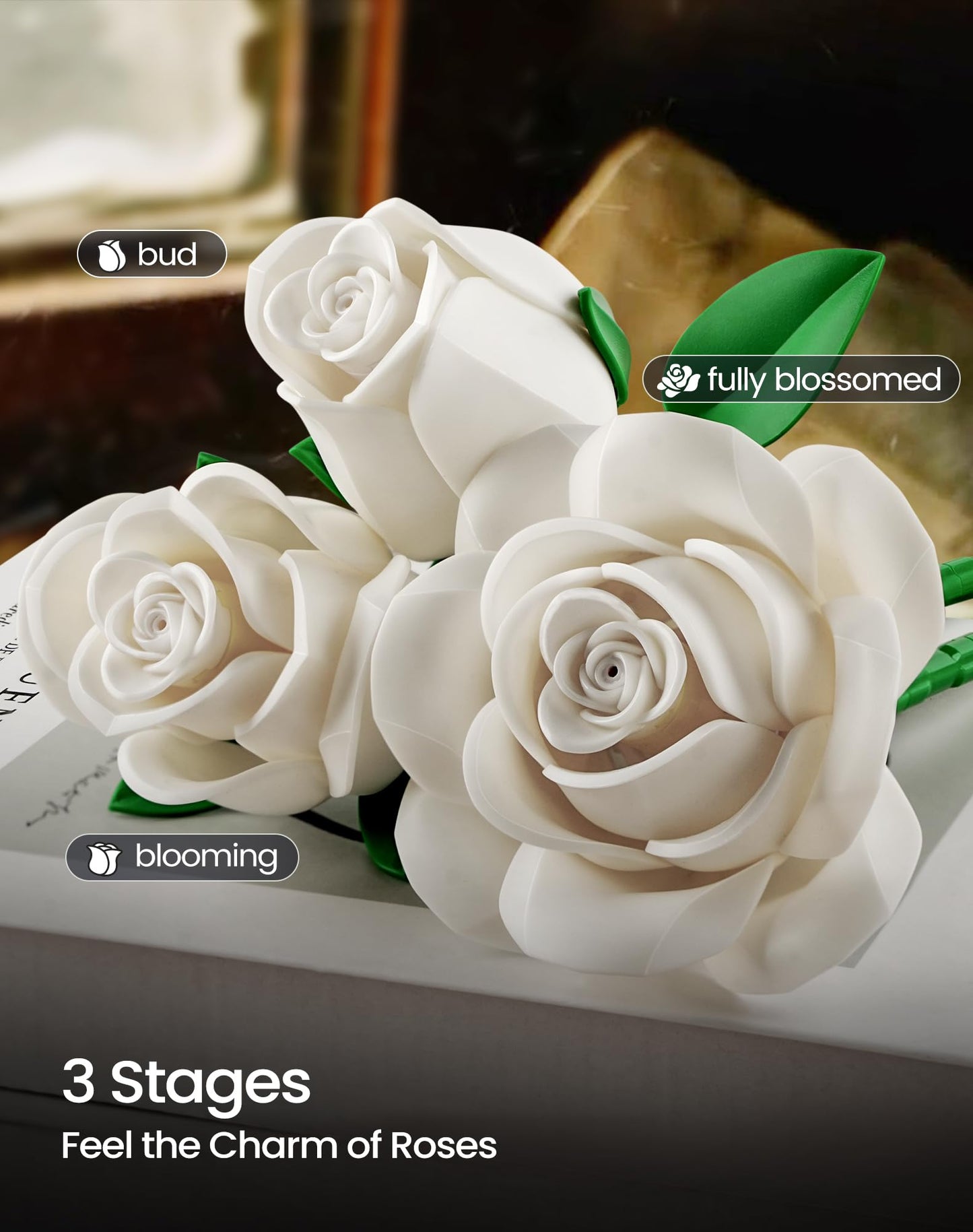 Botanicals Bouquet of White Roses Artificial Flower Building Sets,Compatible with Lego,Fake Flowers Rose Botanical Collection for Adults Women,Gift for Bride,Valentines,Halloween,Christmas Home Decor