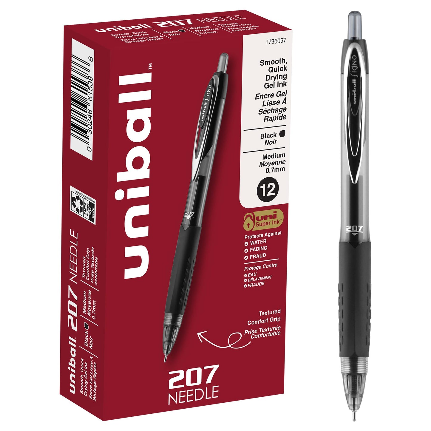 uni-ball 207 Rollerball Gel, Gel NEEDLE POINT Retractable Roller Ball Pen Medium-0.7mm, 12 Pack, Black Ink (1736097)