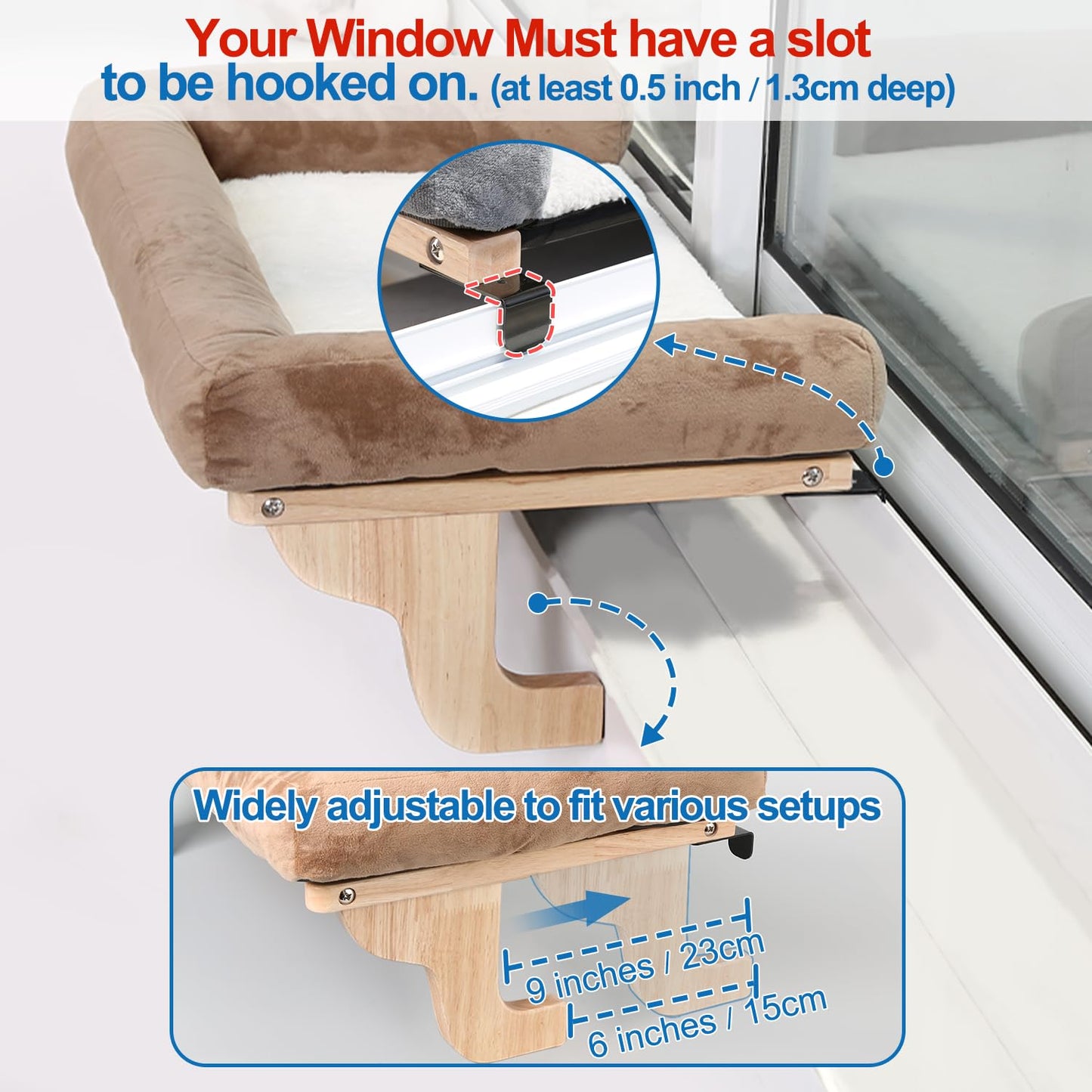 Zakkart Cat Perch for Window Sill with Bolster - Orthopedic Hammock Design with Premium Hardwood & Robust Metal Frame - Cat Window Seat for Large Cats and Kittens - Nartural Color Wood with Gray Bed