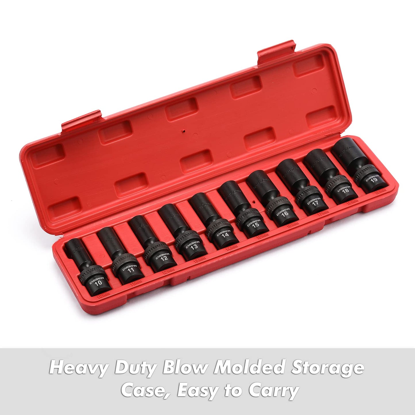 CASOMAN 10 PCS 3/8" Drive Deep Standard Universal Impact Socket Set, 6 Point, CR-MO, Metric,10-19mm