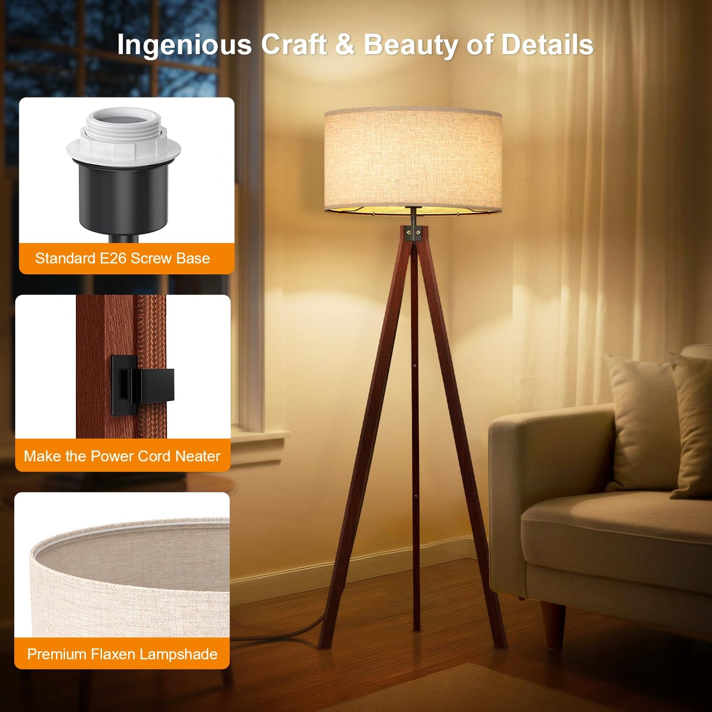 LEPOWER Tripod Floor Lamp, Floor Lamps for Living Room, Mid Century Modern Standing Lamp for Bedroom, Office and Study Room Lamp, Flaxen Lamp Shades with E26 Lamp Base (Brown Tripod Holder)