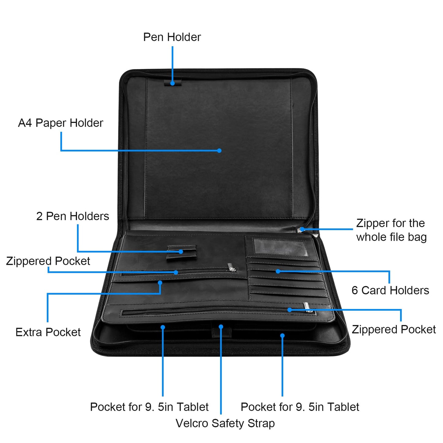 VANRA Zippered Padfolio for Men Leather Portfolio for Women Binder Organizer Interview Resume Folder for Papers Document Holder Planner Binder A4 Letter Size with Notepad, Black