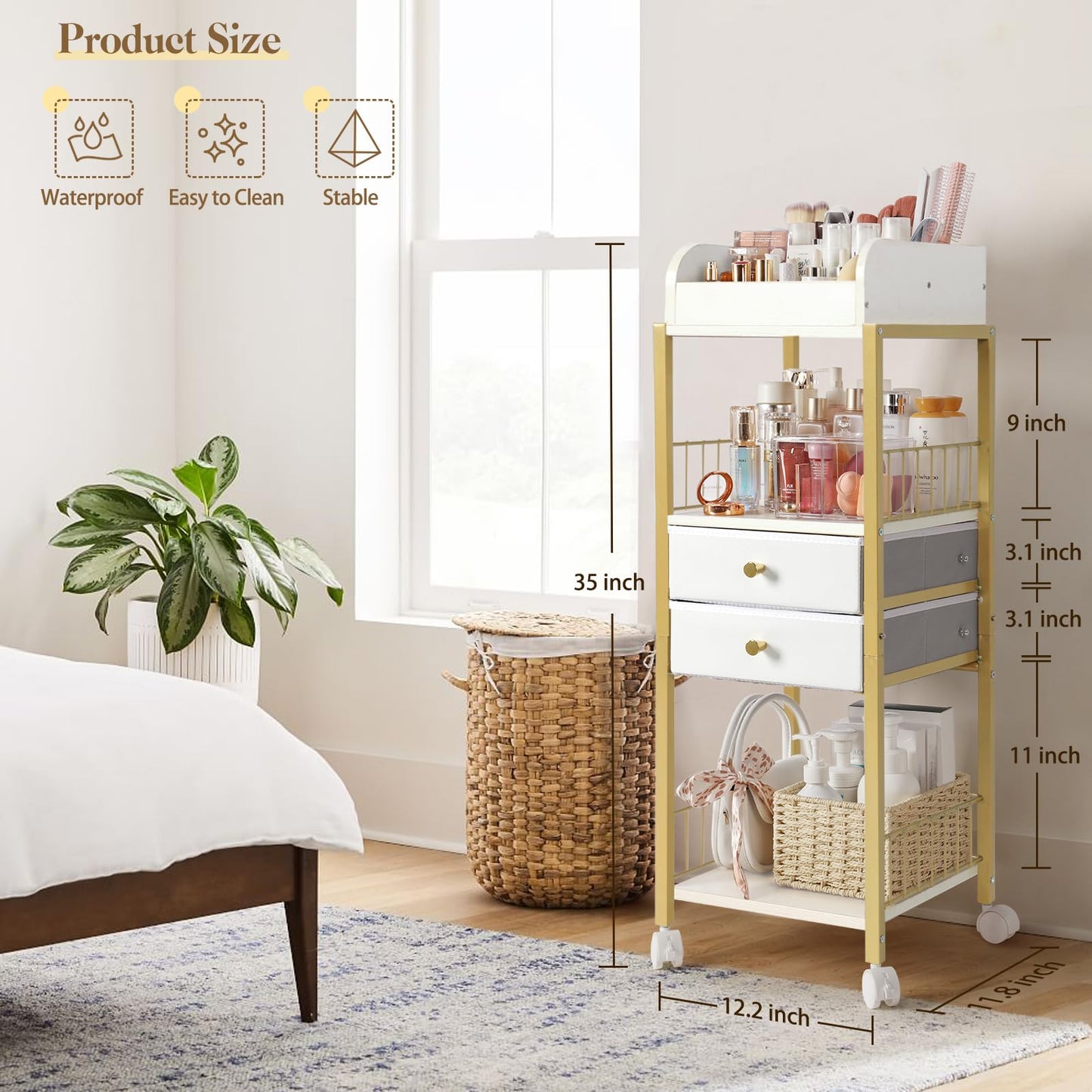 Makeup Organizer, Floor Skincare Organizers, Make Up Organizers and Storage with Drawers, Vanity Organizer Cosmetics Display Case Holder for Skin Care Nail Polish Perfume Makeup brush Hair Tool (Gold)