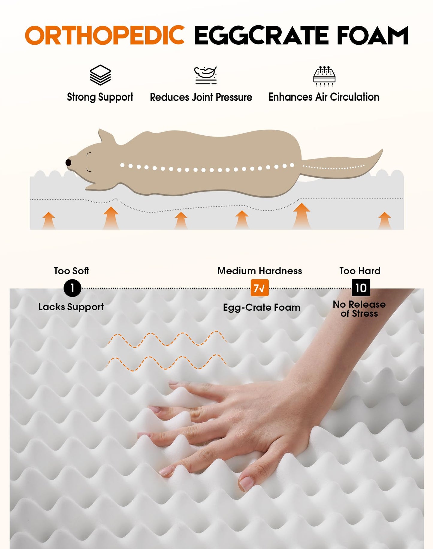 UPVILLA Waterproof Dog Bed Large-Orthopedic Support & Egg Crate Foam Dogs Mat, Soft & Cozy Dog Crate Pad with Non-Slip Bottom and Machine Washable Cover, Large Pet Mat Beige
