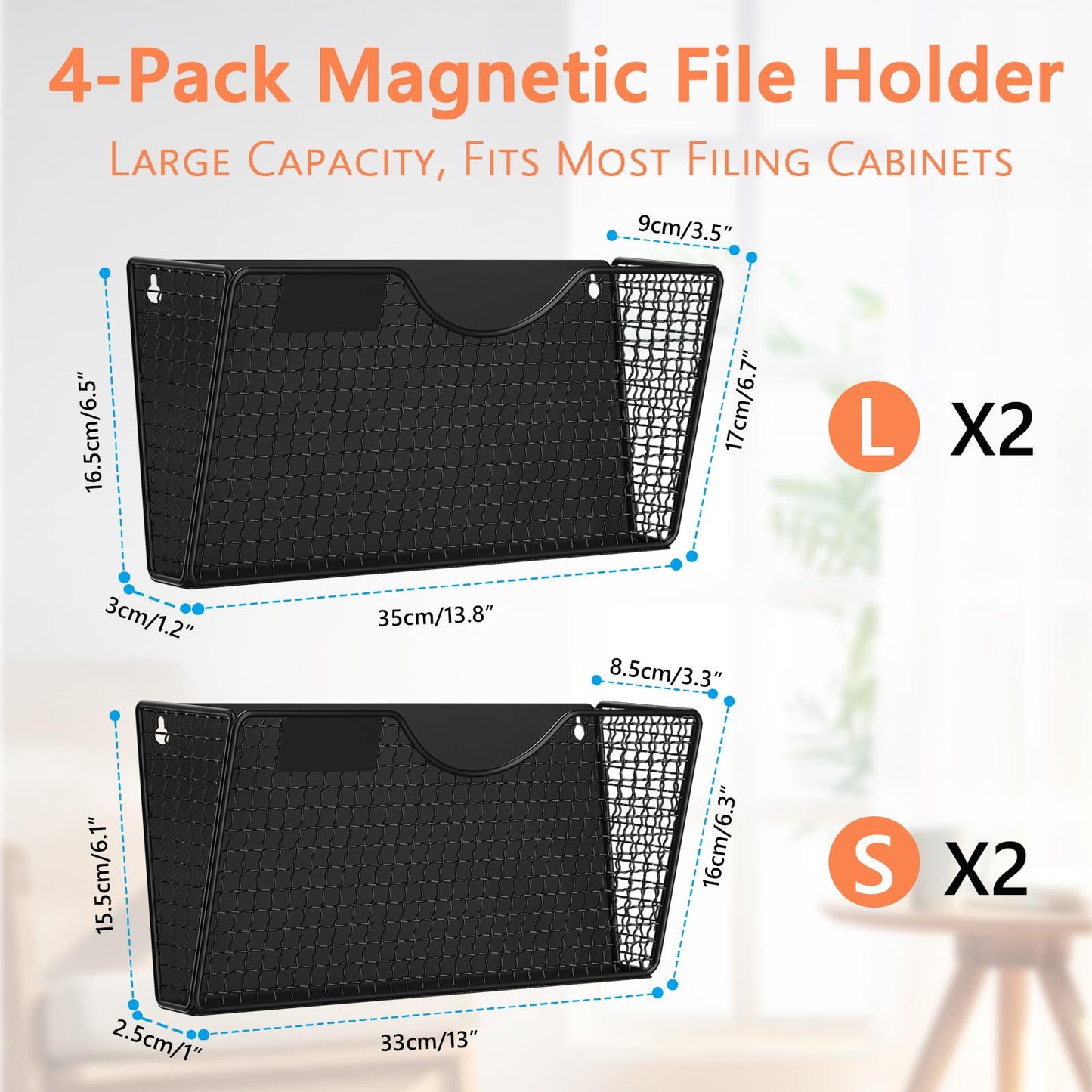 MFTEK Magnetic File Holder, 4 Pockets Magnetic File Folder Holder No Drilling Magnet Paper Mail Organizer Magazine Basket, Hanging Wall Storage Rack for Fridge Cabinets Office Classroom
