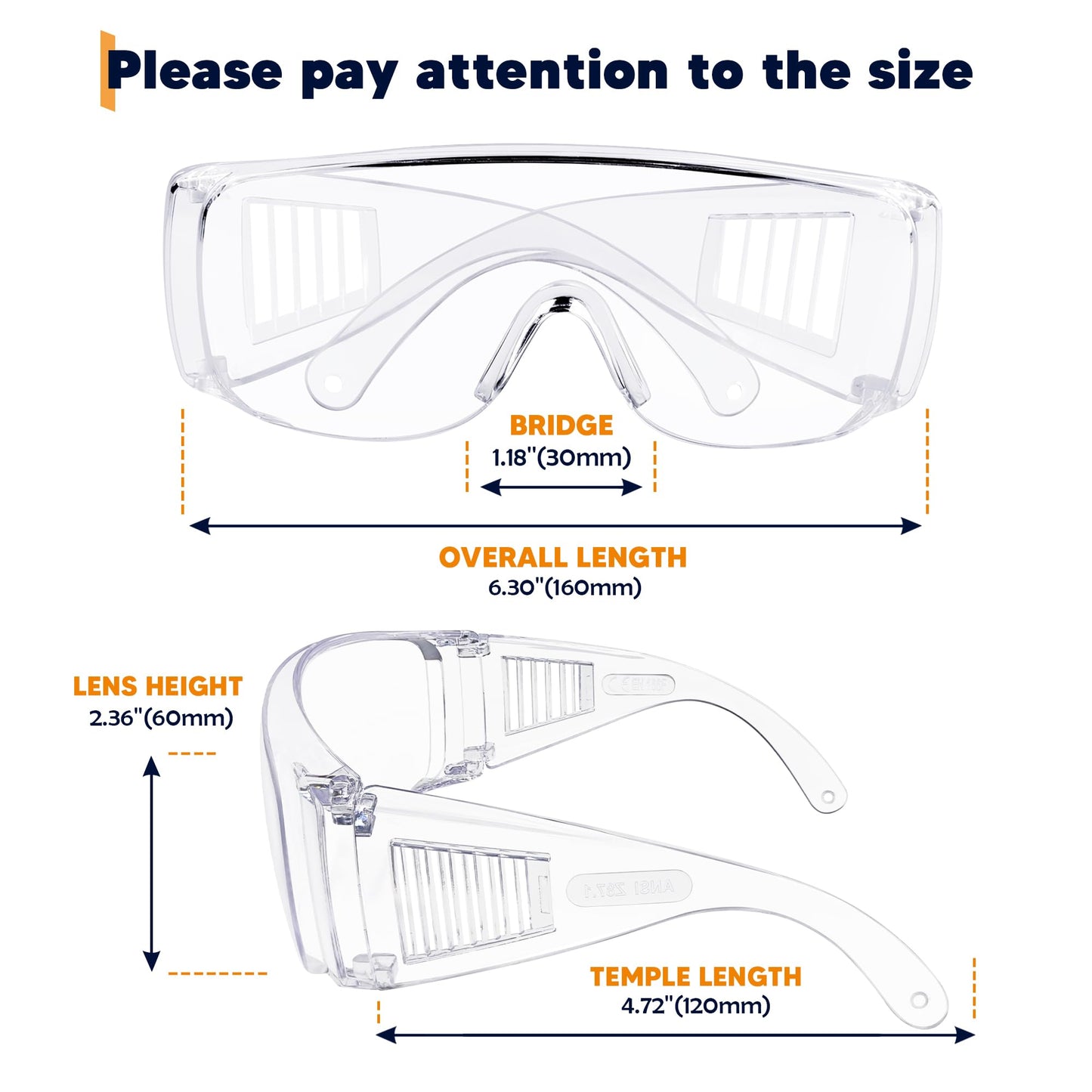 Clear Safety Glasses Over Eyeglasses 12 PACK ANSI Z87.1 Impact Resistant Wide Vision Safety Goggles Fit Over Most Glasses Dust/Chemical Splash Proof Lightweight Protective Eyewear for Men Women