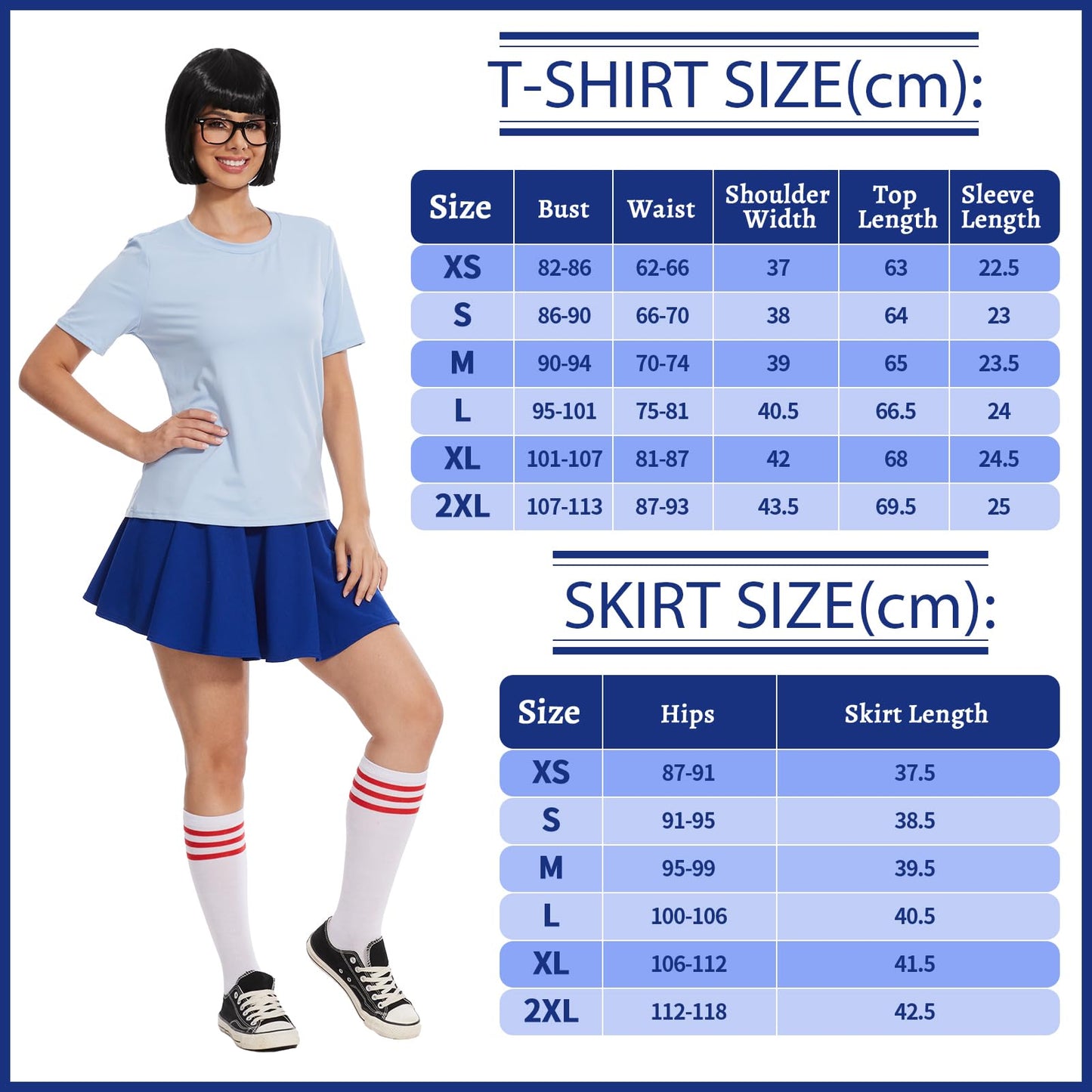 6 Pcs Halloween Nerd Costume for Women, Classic Movie Characters Costume with Bob Wigs Blue Set Socks Glasses (Large)