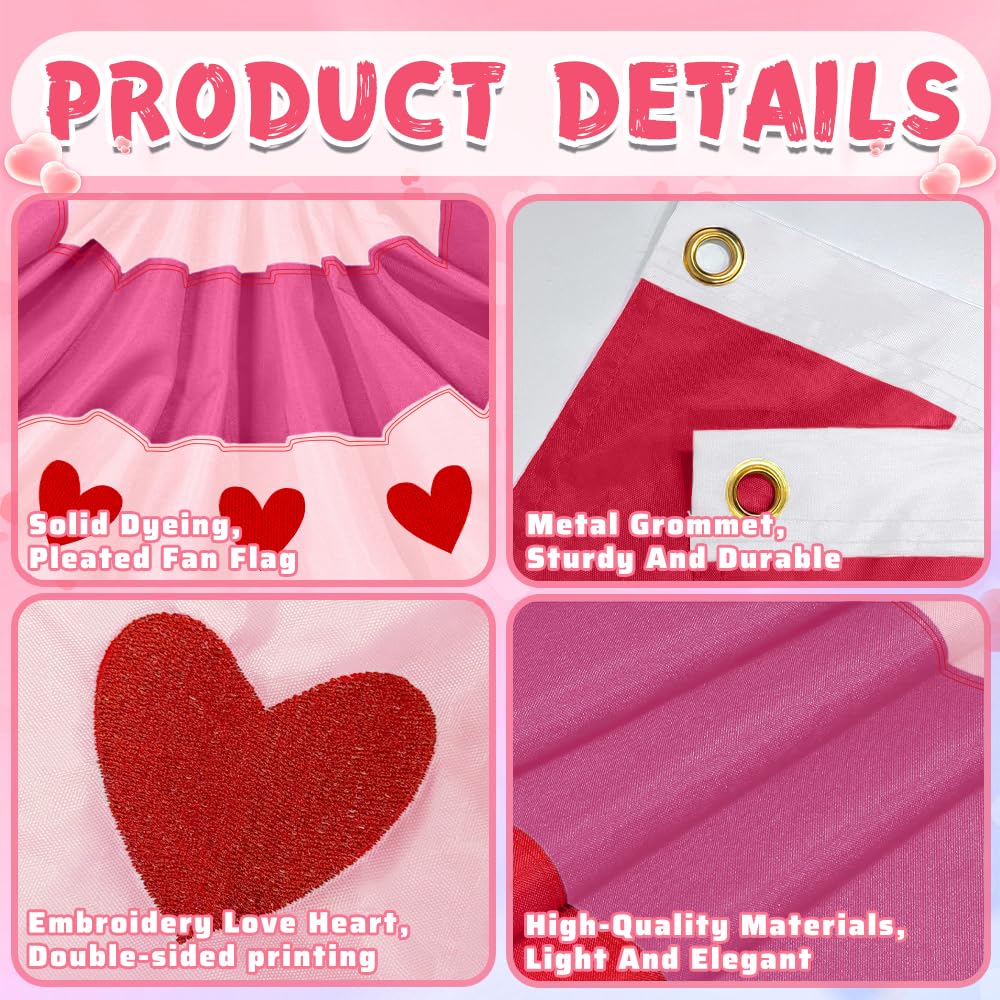 LinaGarten 4Pcs Valentine’s Day Bunting 2x4Ft Embroidered Love Heart Half Fan Bunting Flag Banner for Garden Fence, Outdoor Party, and Porch Decor