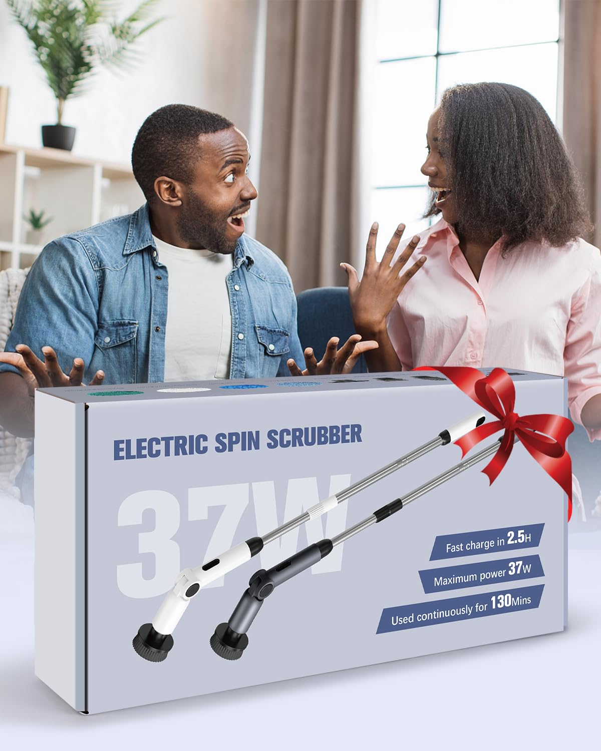 Electric Spin Scrubber, [Adjustable Angle] [Battery Display] Homtronics Cordless Electric Cleaning Brush with 8 Replaceable Brush Heads, 450r/min Speed, 50in Adjustable Long Handle for Bathroom (Grey)