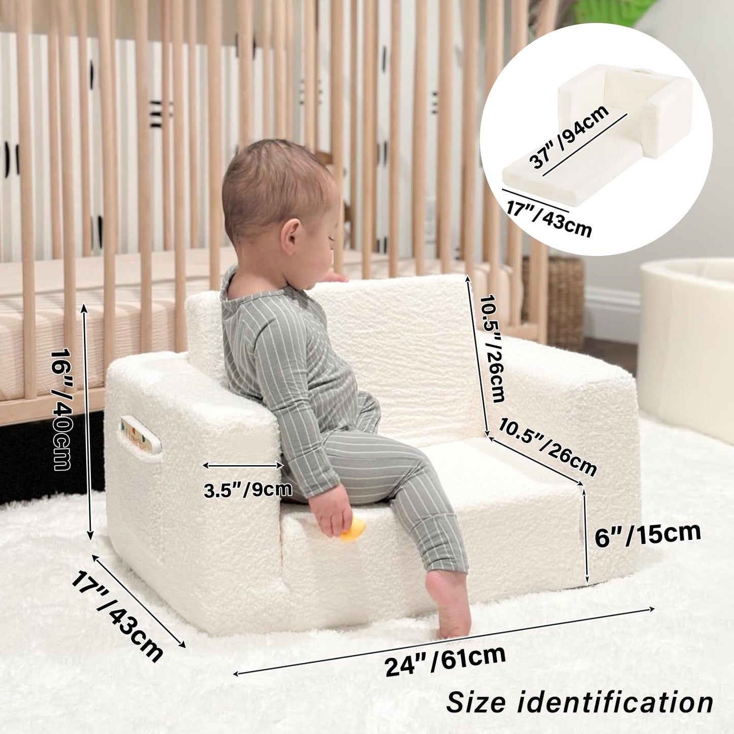Tiita 2-in-1 Convertible Kids Couch to Lounger, Flip Out Toddler Armrest Bed, Folding Play Sofa for Girl or Boy, Grey Dinosaur