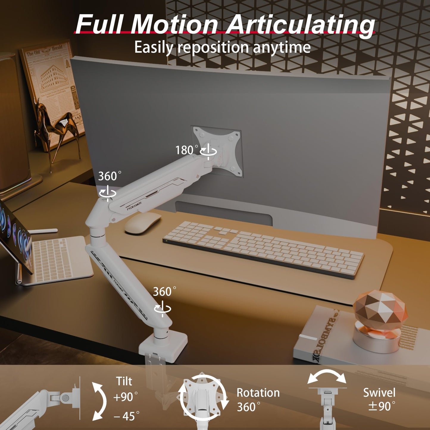 Fydeamer Monitor Arm, Gas Spring Monitor Stand for 17-35 Inch Screens up to 24.3 lbs, Adjustable Monitor Mount with C-Clamp & Grommet Base, Ergonomic Computer Monitor Mount (Single Arm White)