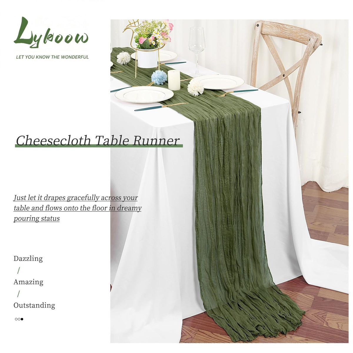 24 Packs Olive Green Table Runner, Charming Cheesecloth Table Runner 45 x 275cm, Gauze Boho Wedding Decoration Rustic Sheer Fabric Cheese Cloth Table Runners for Wedding Party Bridal Shower