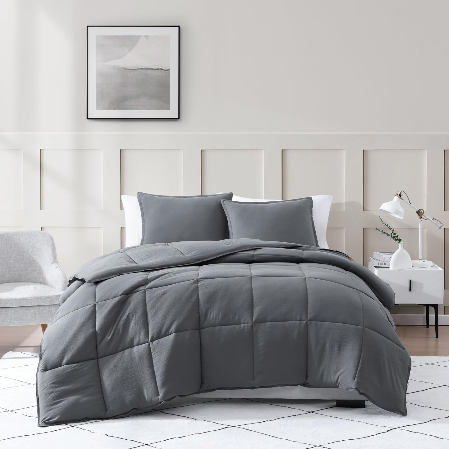 Casa Platino Queen Comforter Set 3 Piece - Charcoal Grey - 300 GSM Fill Weight Down Alternative All Season Bedding - Pre-Washed Brushed Microfiber - Oeko-TEX - Corner Tabs - 88"×88"