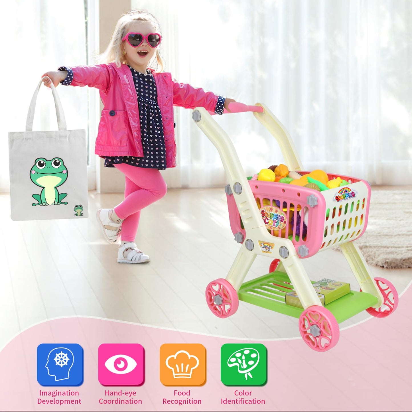 Toddler Shopping Cart - 2 in 1 Toy Grocery Cart for Kids with Pretend Play Food Toys for Girl, 72pcs Toy Shopping Cart Paly Money, Gift for 3 4 5 6 Year Old Girl Boy