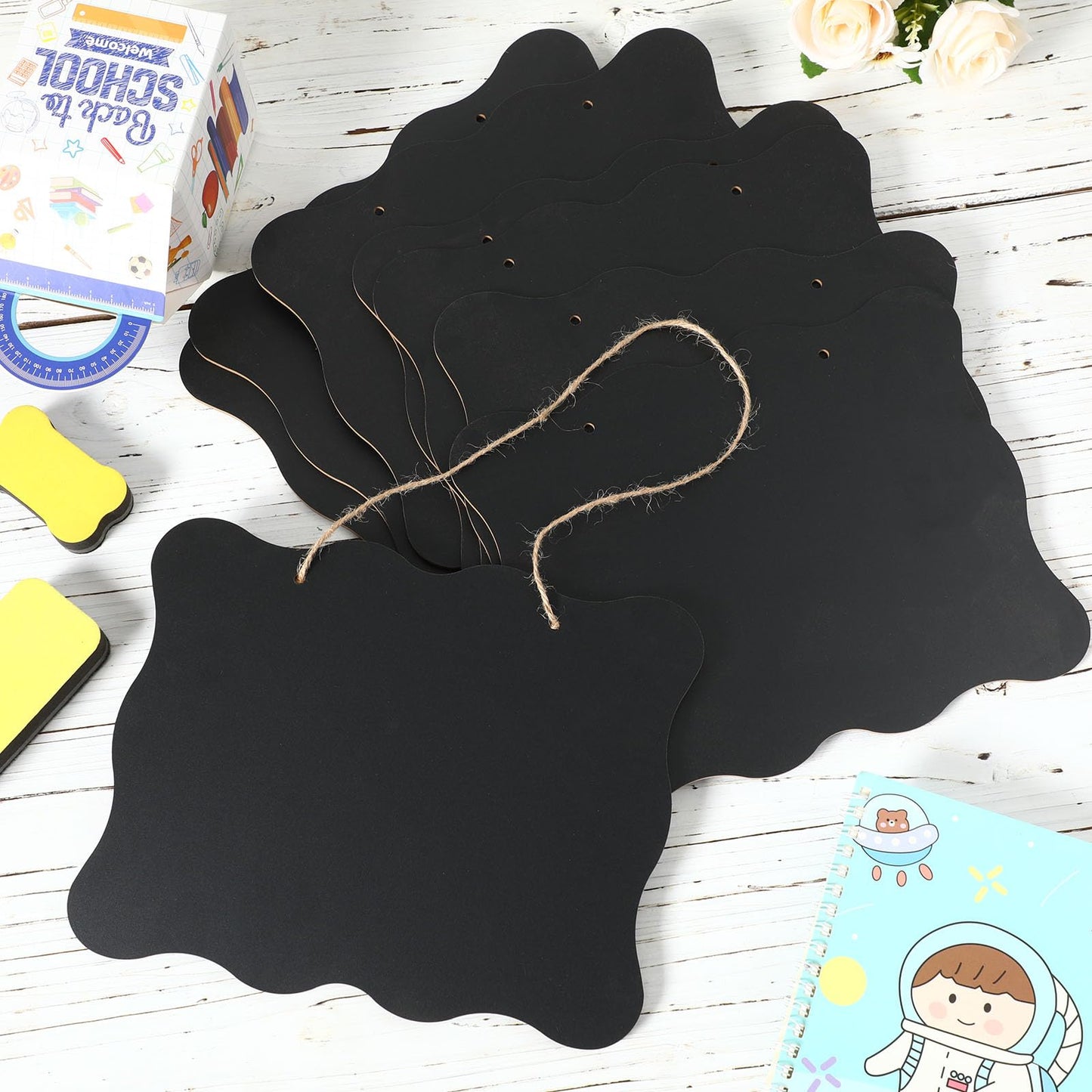 Qilery 12 Pieces 8 x 10 Inch Double Sided Hanging Chalkboard Signs Bulk Hanging Signs Message Board Wooden Chalk Board Sign Board Black Chalkboard for Home Kitchen Store Wedding Party Decorations