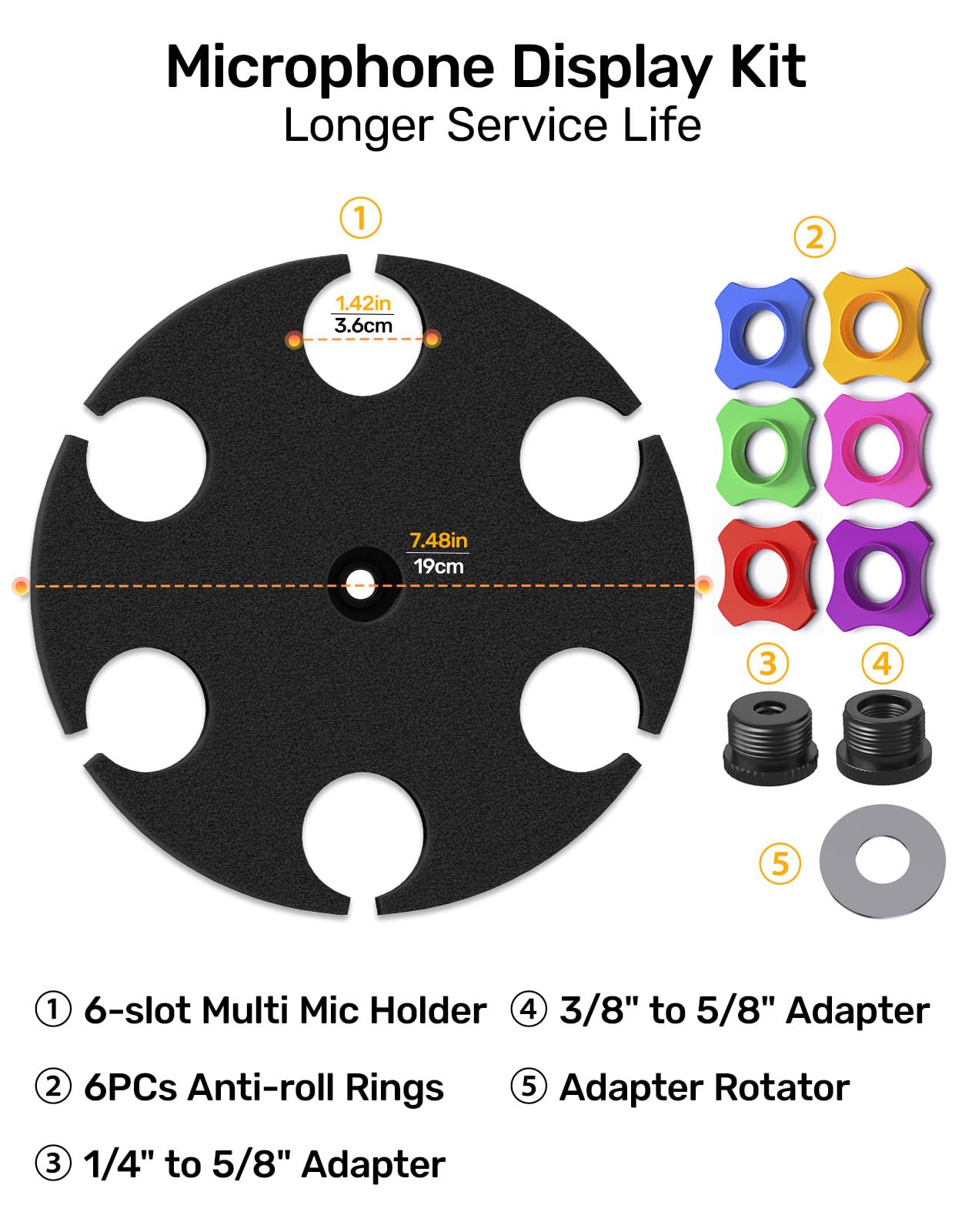 Multi Microphone Holder【Aluminum/Upgraded】Multi Mic Holder Up to 6 Mics, Wired and Wireless mic Holder for Stand, Multiple Microphone Holder for storage Organizer & Display, w/ 3/8"-16 Threaded
