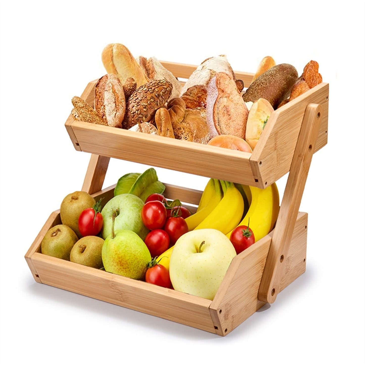 Bamboo Fruit Basket, 2-Tier Storage Stand Holder for Kitchen Countertop, 11" Tall, Large Capacity Organizer for Fruits and Vegetables, Natural