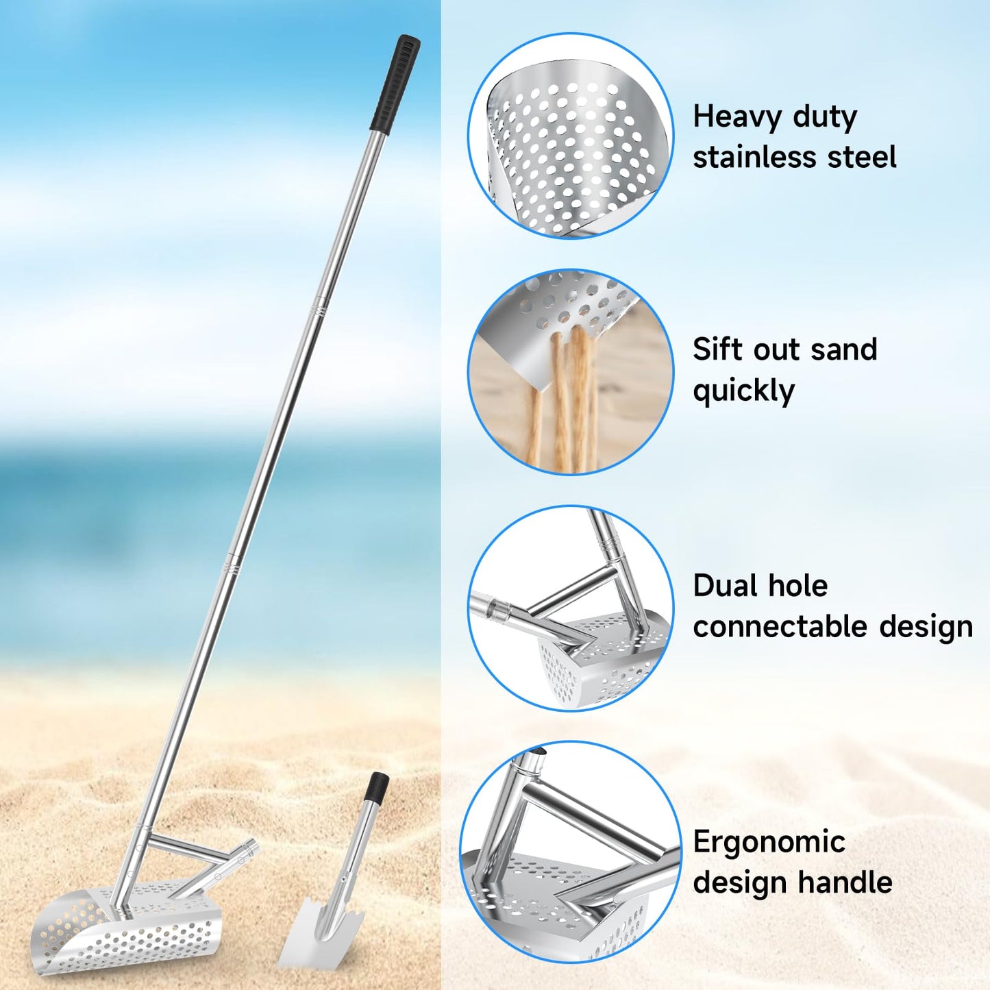 SAN LIKE Sand Scoop for Metal Detecting for Adult,Heavy Duty Metal Detector Scoop, Stainless Steel Beach Shovel,Detecting Tool,T Digging Shovel Fast Sifting Shovel（Bag + Sand Scoop+Sand Shovel）