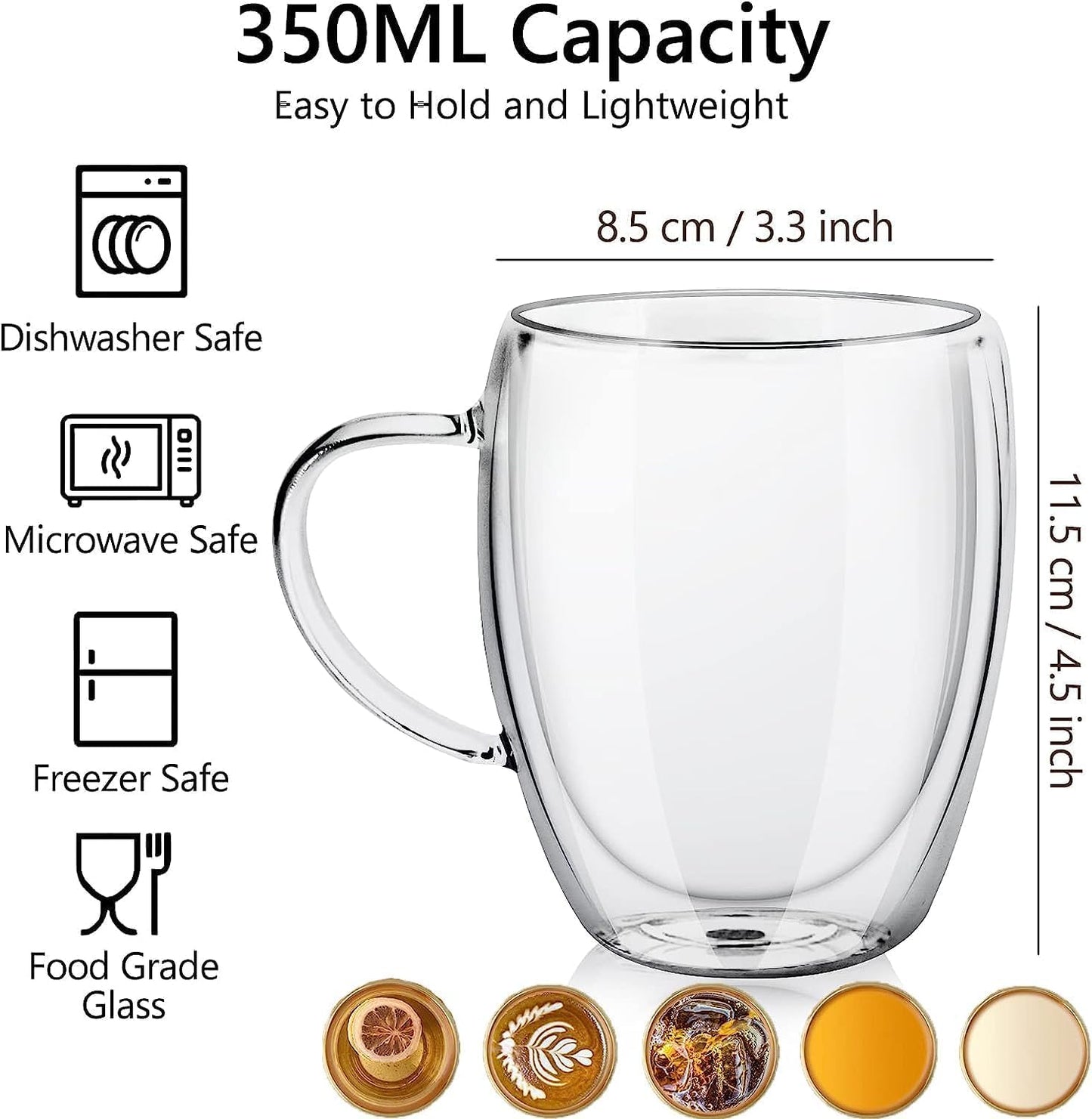 Double Wall Glass Coffee Mugs Glass Mug with Handles Double Wall Cappuccino Cups, 12oz of Set 4 Coffee Tea Mugs, Clear Glasses with Handle