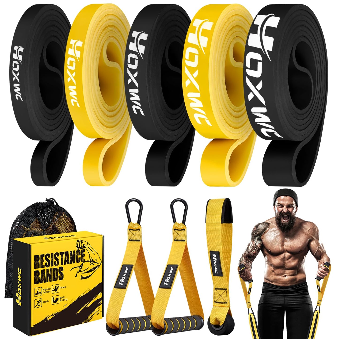 HOXWC Resistance Bands Men, Heavy Duty Power Bands with Door Anchor, Handles, Bag, Pull Up Resistance Bands for Weight Lifting, Muscle Training, Physical Therapy, Shape Body, Home Workouts