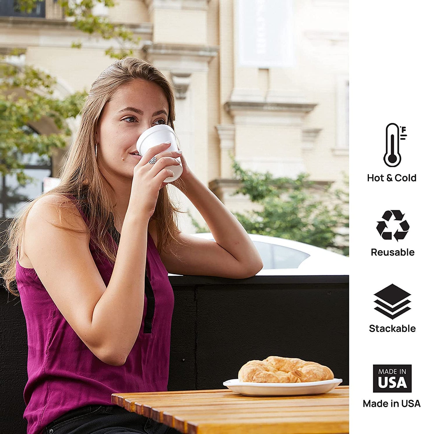 8 Oz Disposable Foam Cups (100 Pack), White Foam Cup Insulates Hot & Cold Beverages, Made in The USA, to-Go Cups - for Coffee, Tea, Hot Cocoa, Soup, Broth, Smoothie, Soda, Juice