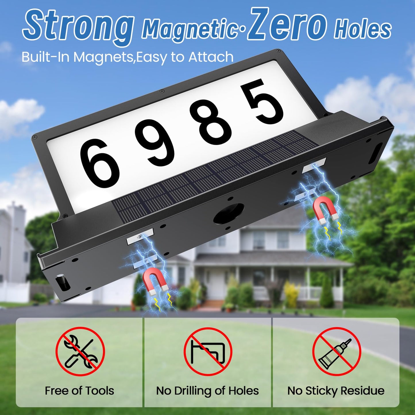 Solar Address Sign for House Numbers – Dual-Sided LED & Dual-Sided Solar Panels, 8 Color Modes, IP65 Waterproof Address Plaque, Strong Magnetic/Stake/Wall Mount, Dusk-to-Dawn for Mailbox Yard Driveway