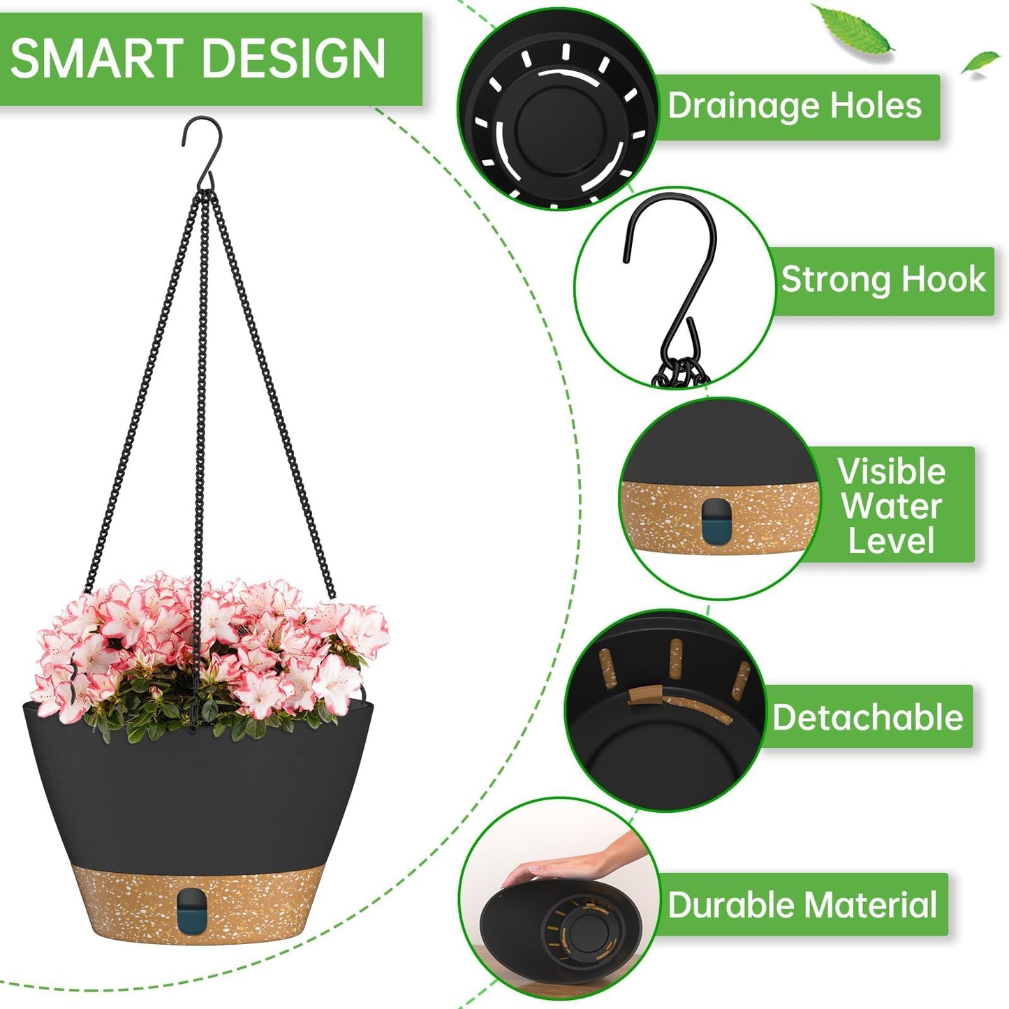 ZMTECH Hanging Planters for Indoor Plants, Hanging Baskets, Plant Hanger 2 Pack 10 Inch Gray with Iron Chain Hook, Indoor Outdoor, Living Room Bedroom Balcony Porch Patio