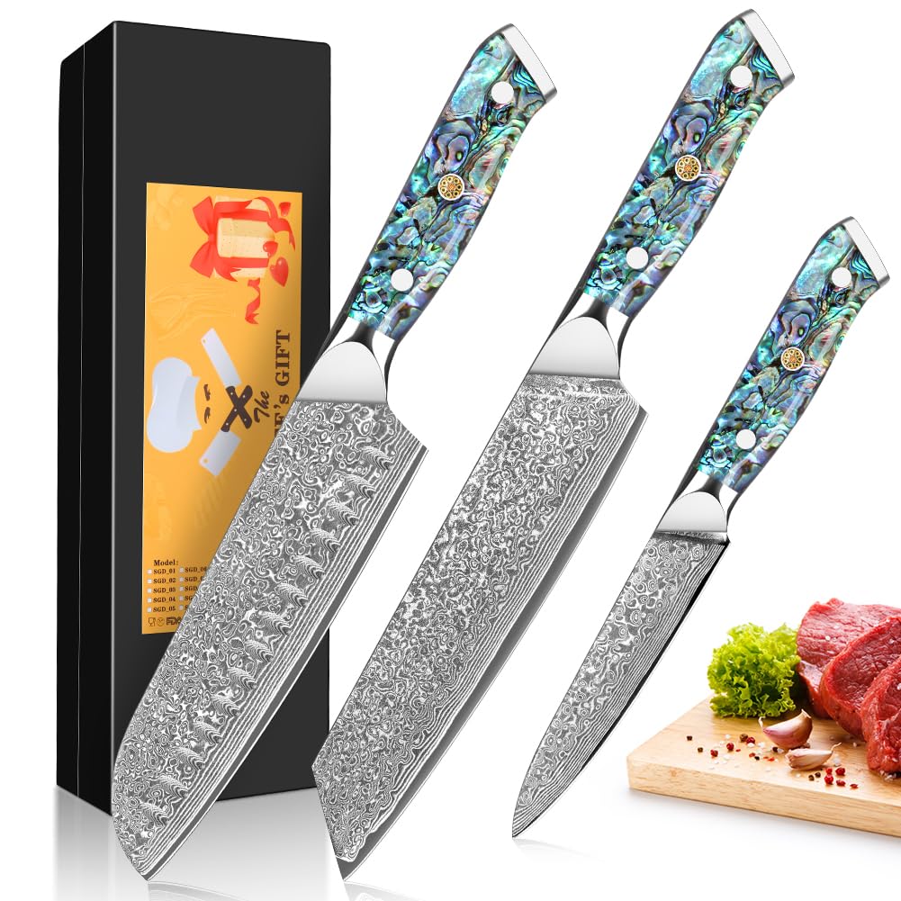 Damascus Chef Knives 3 Piece Kitchen Knife Set Damascus Steel Professional Chef's Knife – Razor Sharp Cleaver Set with Ergonomic Natural Resin Handle Cooking Knife