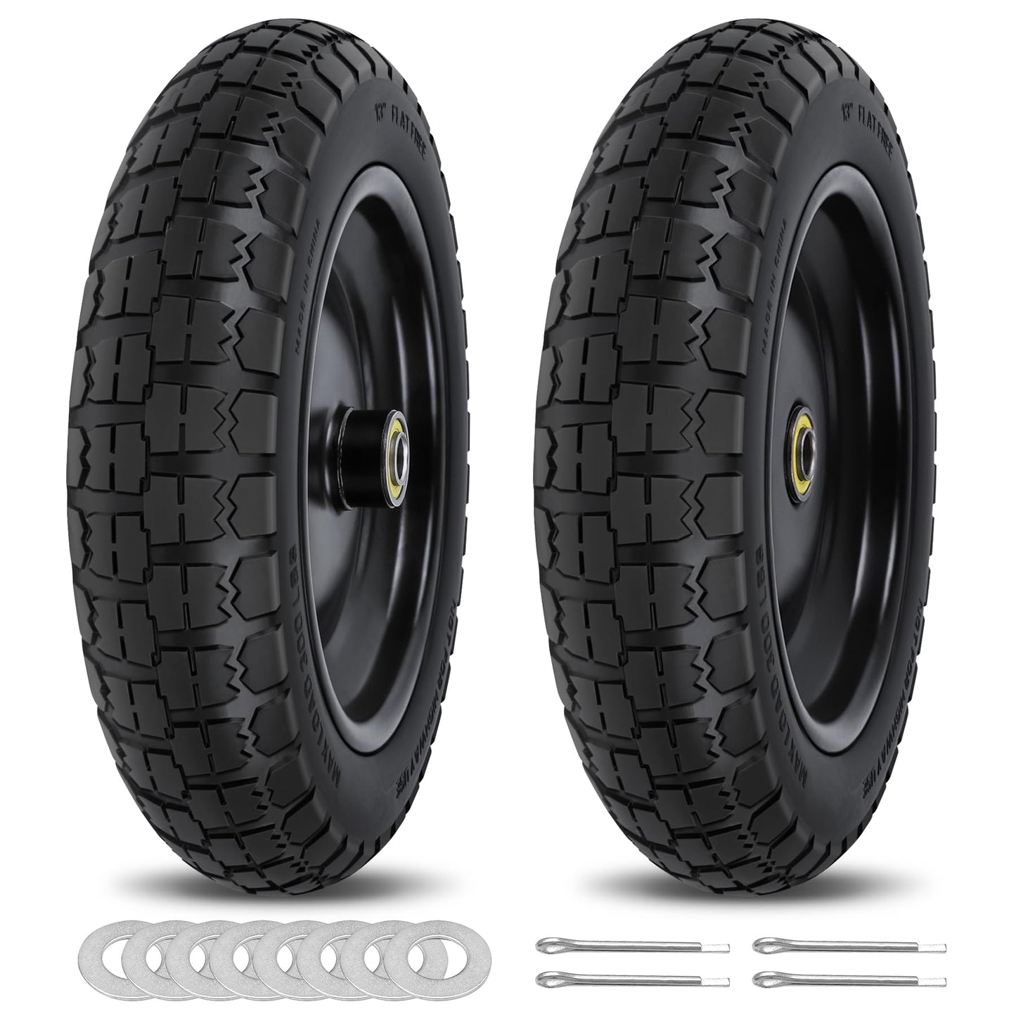 13 Inch Flat Free Wheels Tires 4.00-6 Solid Replacement with Universal 5/8" Axle Bore Hole, 8 Spacers and 4 Pins, for Wheelbarrow, Garden Wagon, Hand Truck, Trolley, Lawn Mower, 2 Pack