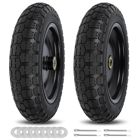 13 Inch Flat Free Wheels Tires 4.00-6 Solid Replacement with Universal 5/8" Axle Bore Hole, 8 Spacers and 4 Pins, for Wheelbarrow, Garden Wagon, Hand Truck, Trolley, Lawn Mower, 2 Pack