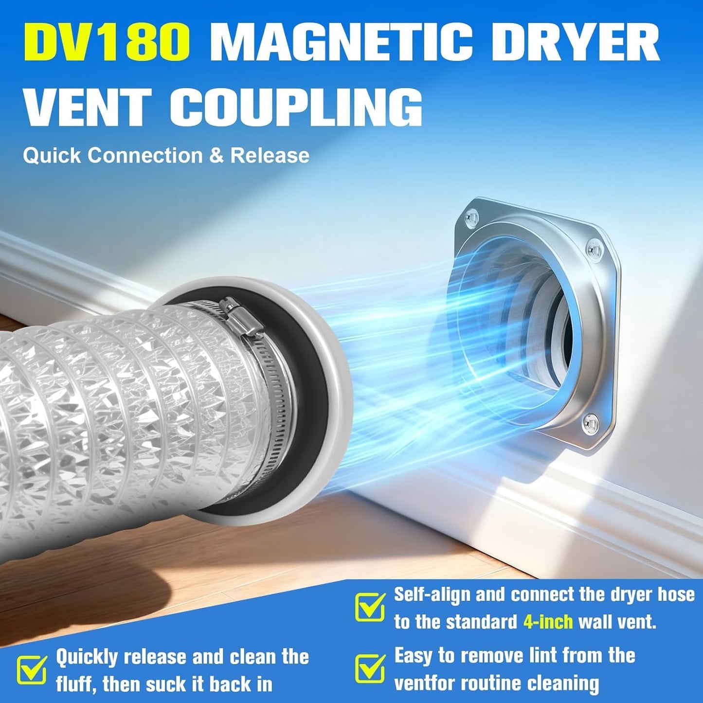 Upgrade Magnetic Dryer Vent Coupling Kit DV180, Magnetic Dryer Vent Connector with Airtight EPDM Seal Ring 3.1Ft 4" Duct, Quick Connector & Release Design for Easy Cleaning & Installation