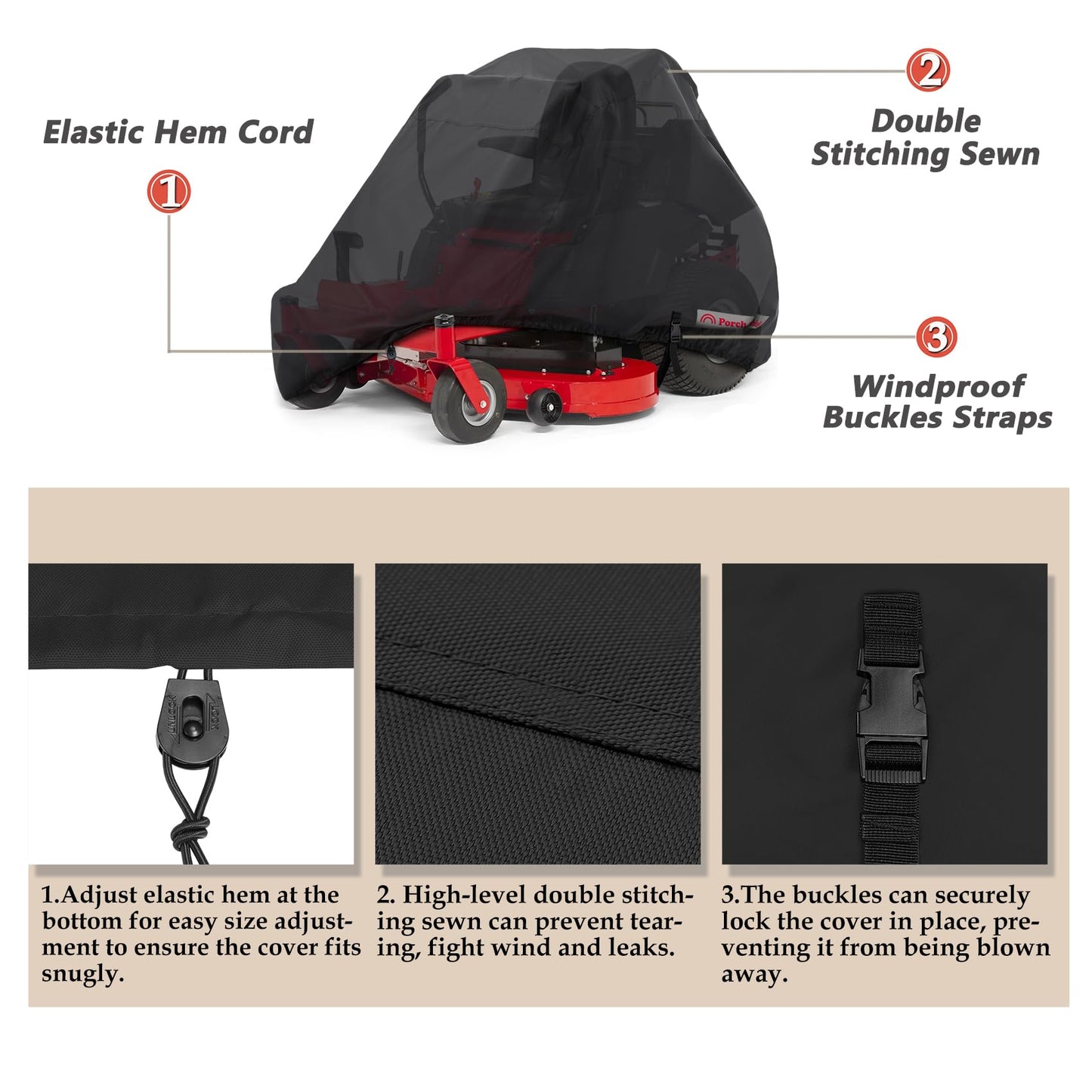 Porch Shield Zero Turn Mower Cover - Waterproof Heavy Duty Riding Lawn Tractor Cover Up to 62 inches Decks Black