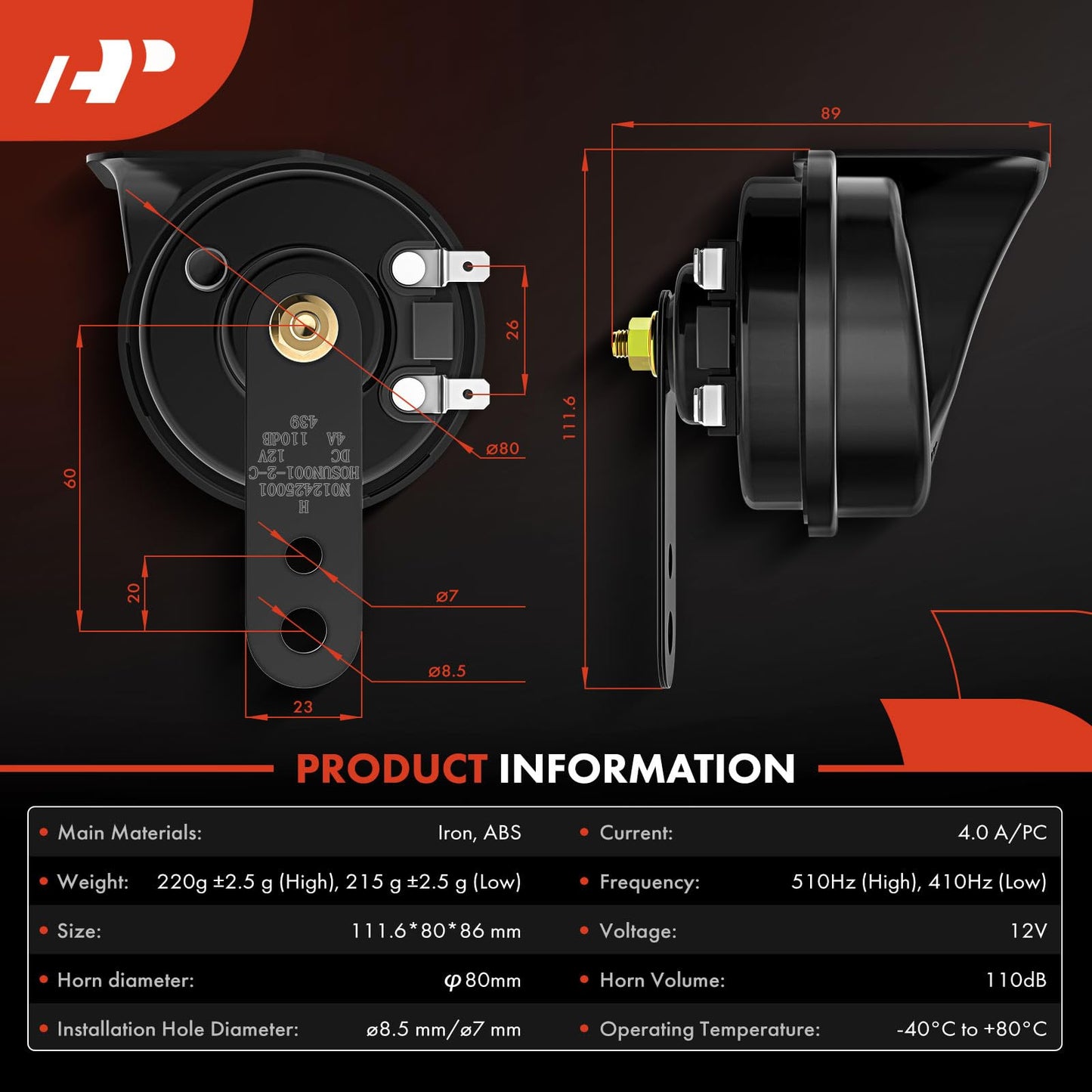 A-Premium Dual Snail Horn High Low Universal Electric Horns - 12V 110dB - Compatible with most Passenger Cars, Commercial/Off-Road Vehicles, Gas Cars, Electric Cars, Motorcycles & Trucks, 80 mm