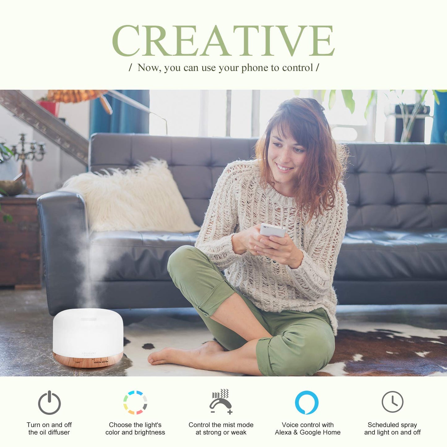 ASAKUKI Essential Oil Diffuser WiFi Smart Humidifier Compatible with Alexa, 500ml Ultrasonic Aromatherapy Diffuser for Home Office Babyroom, Adjustable Cool Mist and Waterless Auto Shut-Off