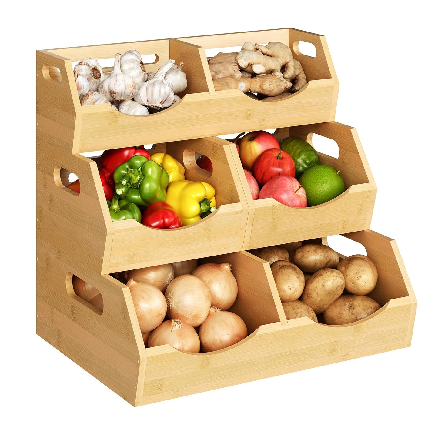Bamboo Potato Onion Storage Bins Natural Brown, 3 Tier Stackable Ventilated Kitchen Organizer for Pantry, Countertop, Bathroom, Space-Saving, Easy Access Handle