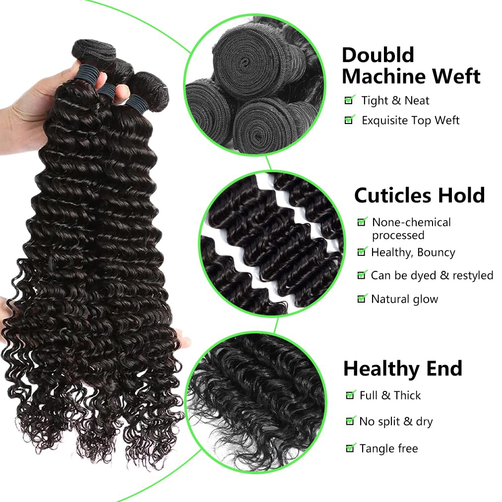 Human Hair Bundles Deep Wave 12 14 16 Inch Brazilian Virgin Curly Hair Extensions for Women 100% Unprocessed Bundles Human Hair Cheveux Humain Naturel Black 10A