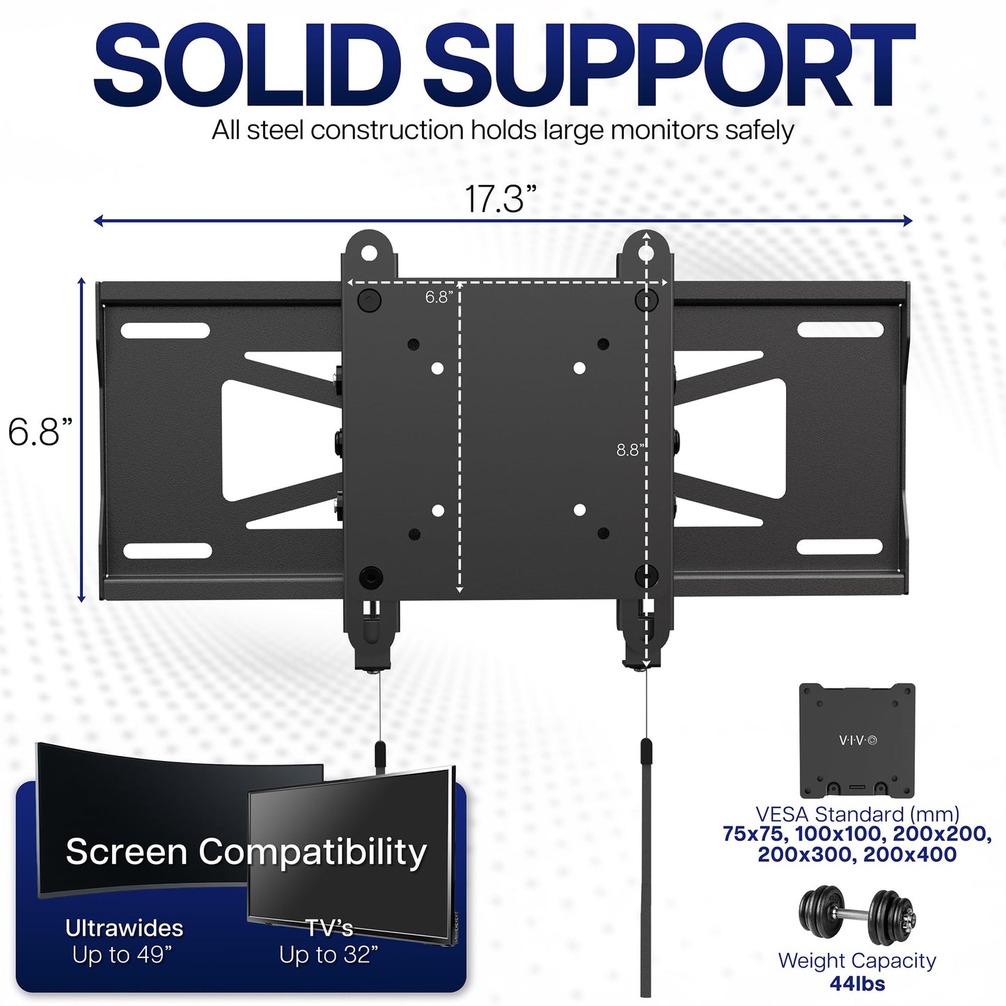 VIVO Low Profile Ultrawide Monitor Wall Mount for up to 49 inch Screens and up to 32” TVs, Holds 44 lbs, Tilt and Sliding Adjustment, Max VESA 200x400, Black, MOUNT-VW49U