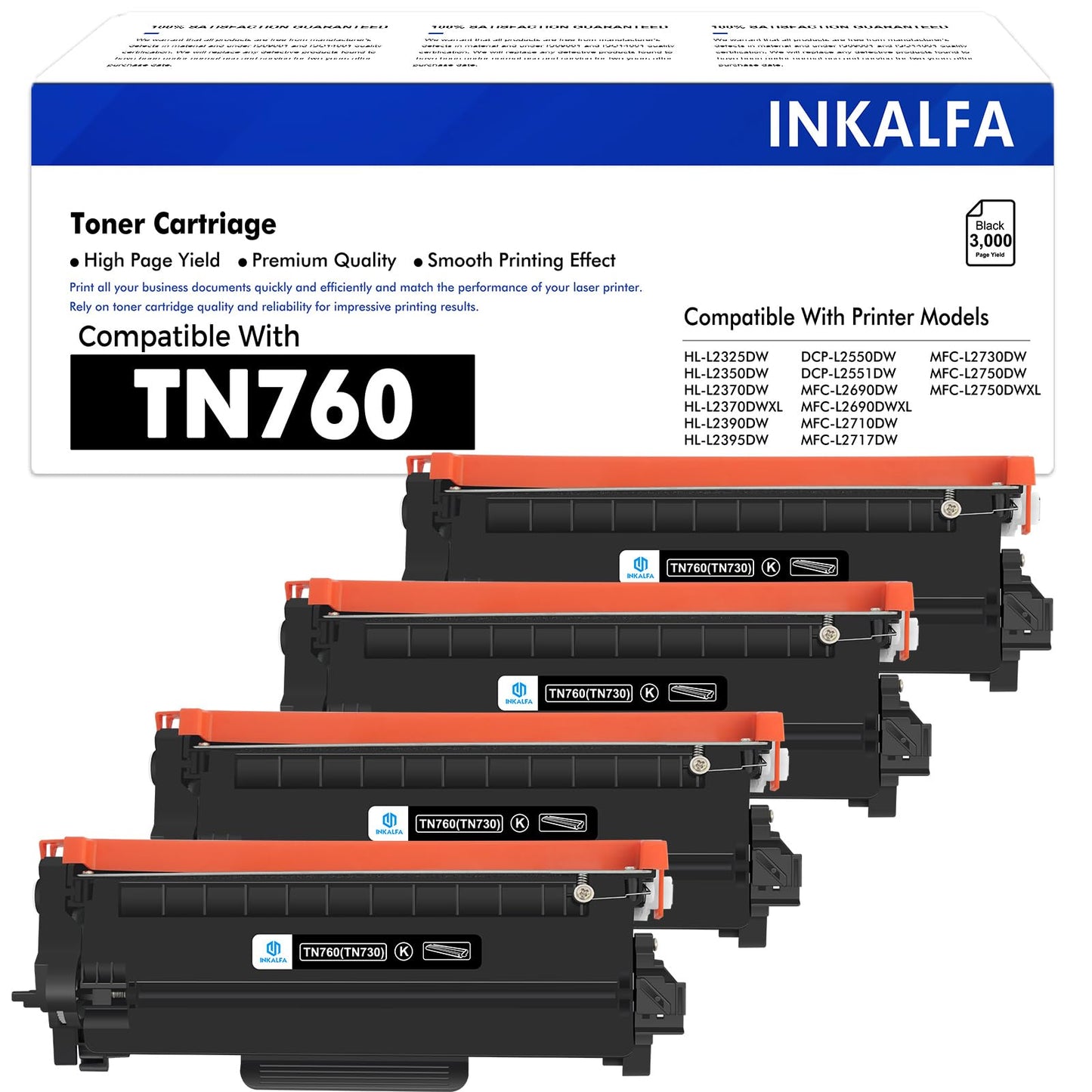 Inkalfa Compatible TN760 Toner Cartridge: Replacement for Brother TN760 TN730 TN-760 TN 760 730 TN-730 for DCP-L2550DW HL-L2390DW MFC-L2710DW MFC-L2750DW MFC-L2730DW Printer Ink (Black, 4-Pack)