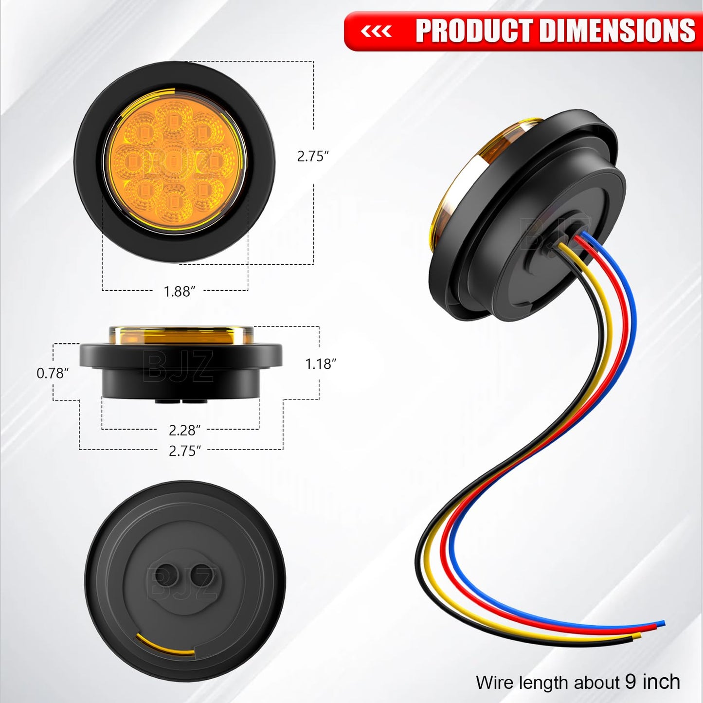 BJZ 2'' High/Low Light+Strobe Light Trailer Clearance Marker LED Lights Round Side Tail Brake Stop Turn Signal Lights Flush Mount for Trailer Truck Van RV ATV Bus Pickup RV Snowmobile (5 Red 5 Amber)