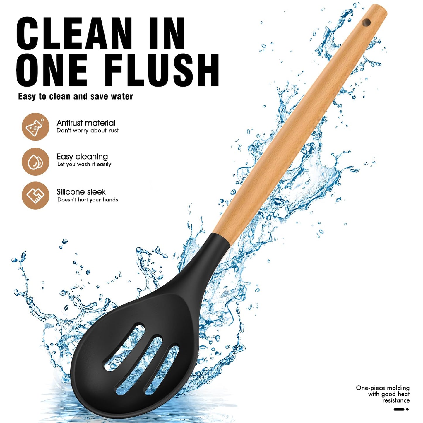 Silicone Cooking Utensils Set - Silicone Kitchen Utensils for Cooking Wooden Handles, 446°F Heat Resistant Kitchen Utensil Spatula Sets w Holder, Gadgets for Non-Stick Cookware BPA Free (Black)