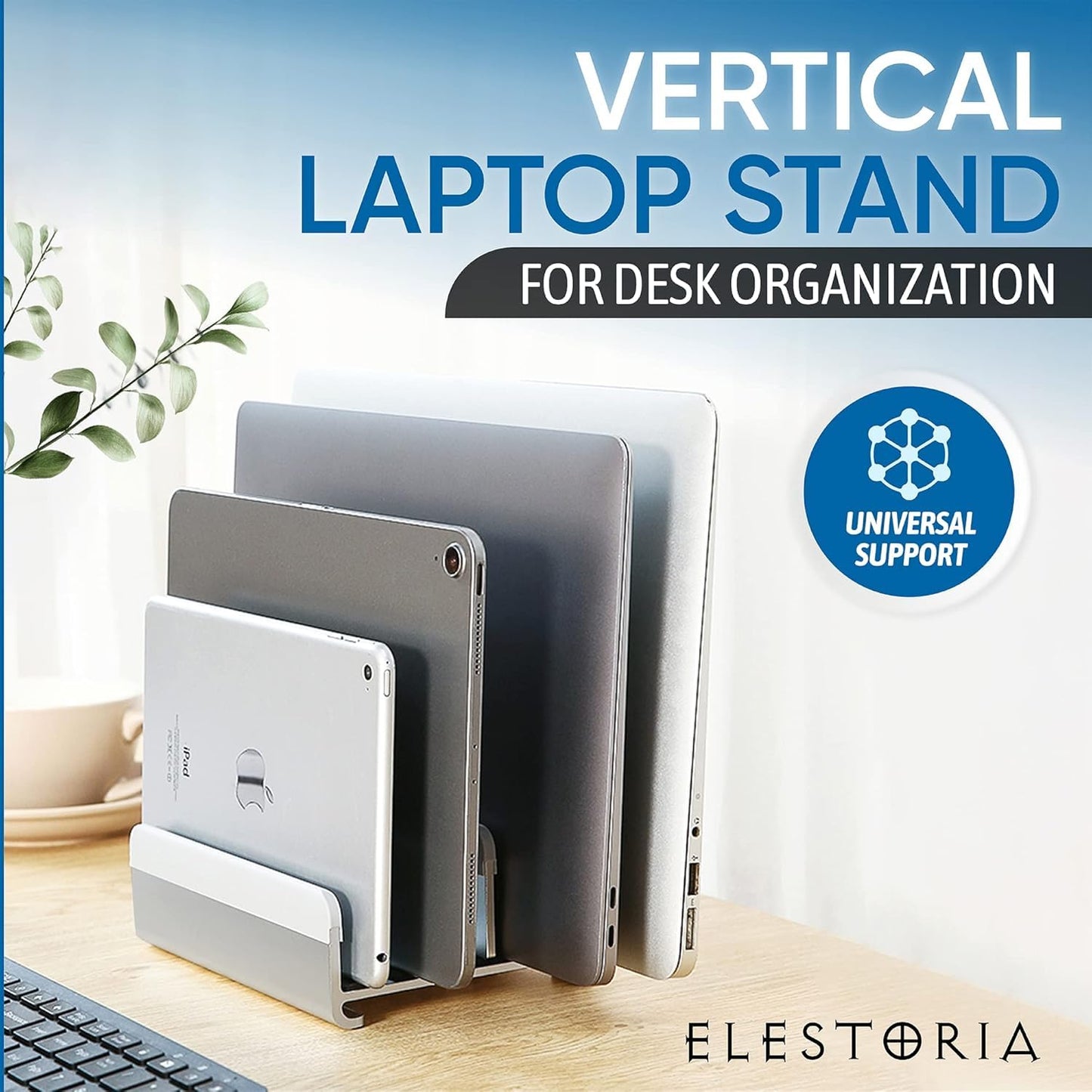 Elestoria Adjustable Vertical Laptop Stand - Fits 5 Devices, Modern Design, Tool Free Adjustment, Protective & Stable | Grey