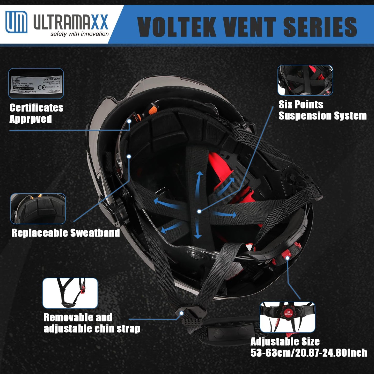 UM ULTRAMAXX Safety Helmet with Build-in Visor, Hard Hat with Vented Design, ANSI Z89.1 Certified, Ideal for Industrial and Construction (Black Carbon Fiber)