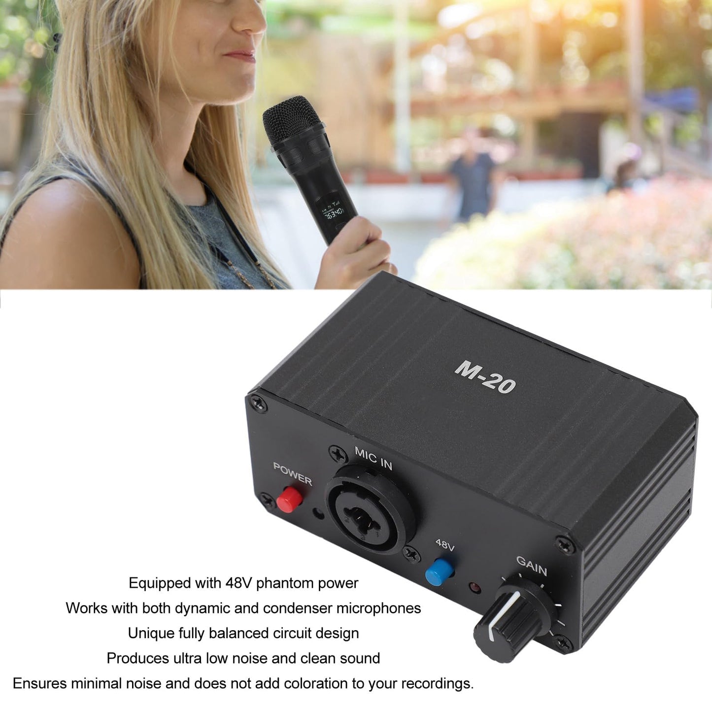 Mic Preamp with High Gain, 48V Phantom Power XLR Output for Dynamic and Condenser Microphones, Microphone Booster