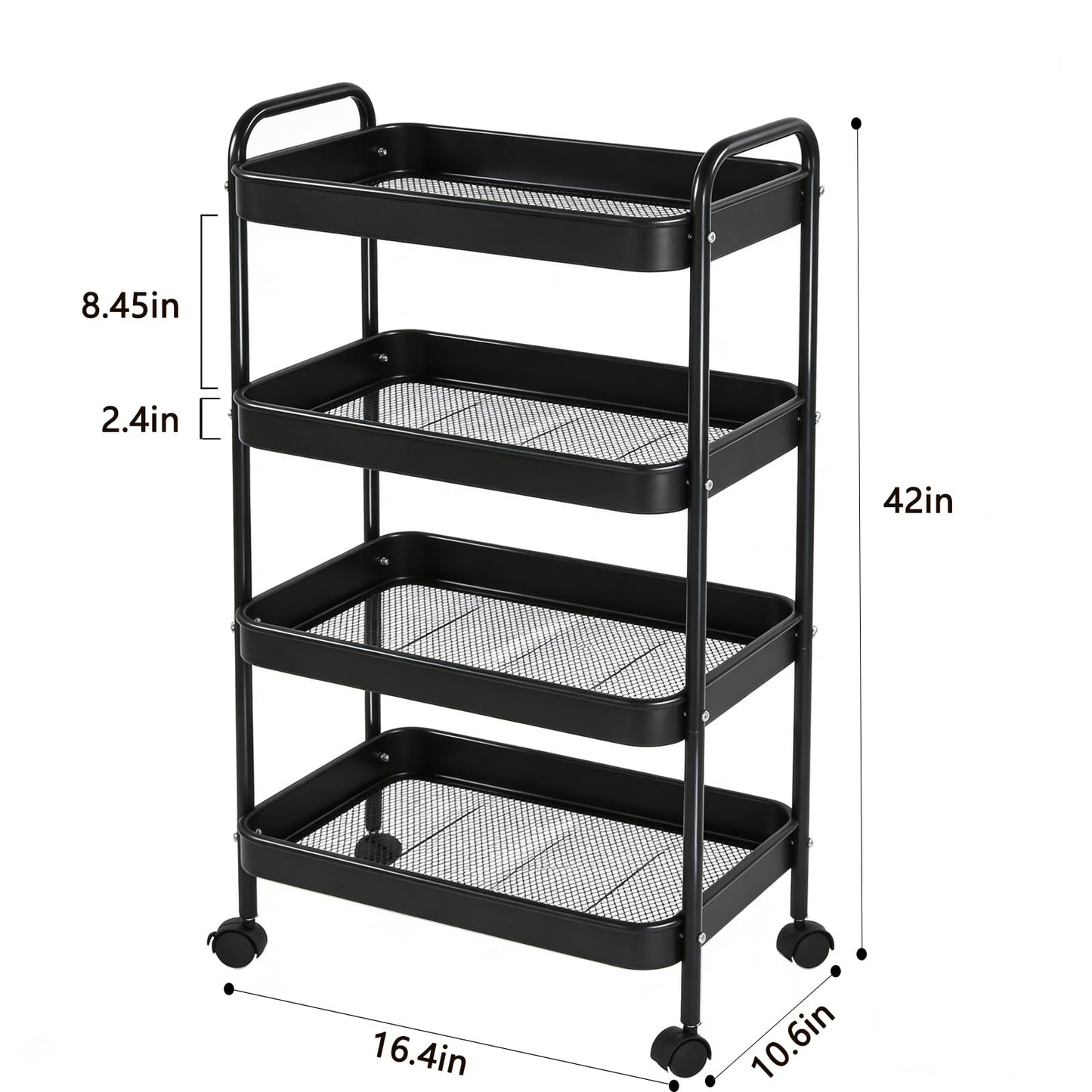 Metal Rolling Cart with Wheels, Utility Storage Cart with Handle and Lockable Casters, Storage Basket Organizer Shelves, Easy Assemble for Kitchen, Living Room, Office, Nursery (Black-4Tiers)