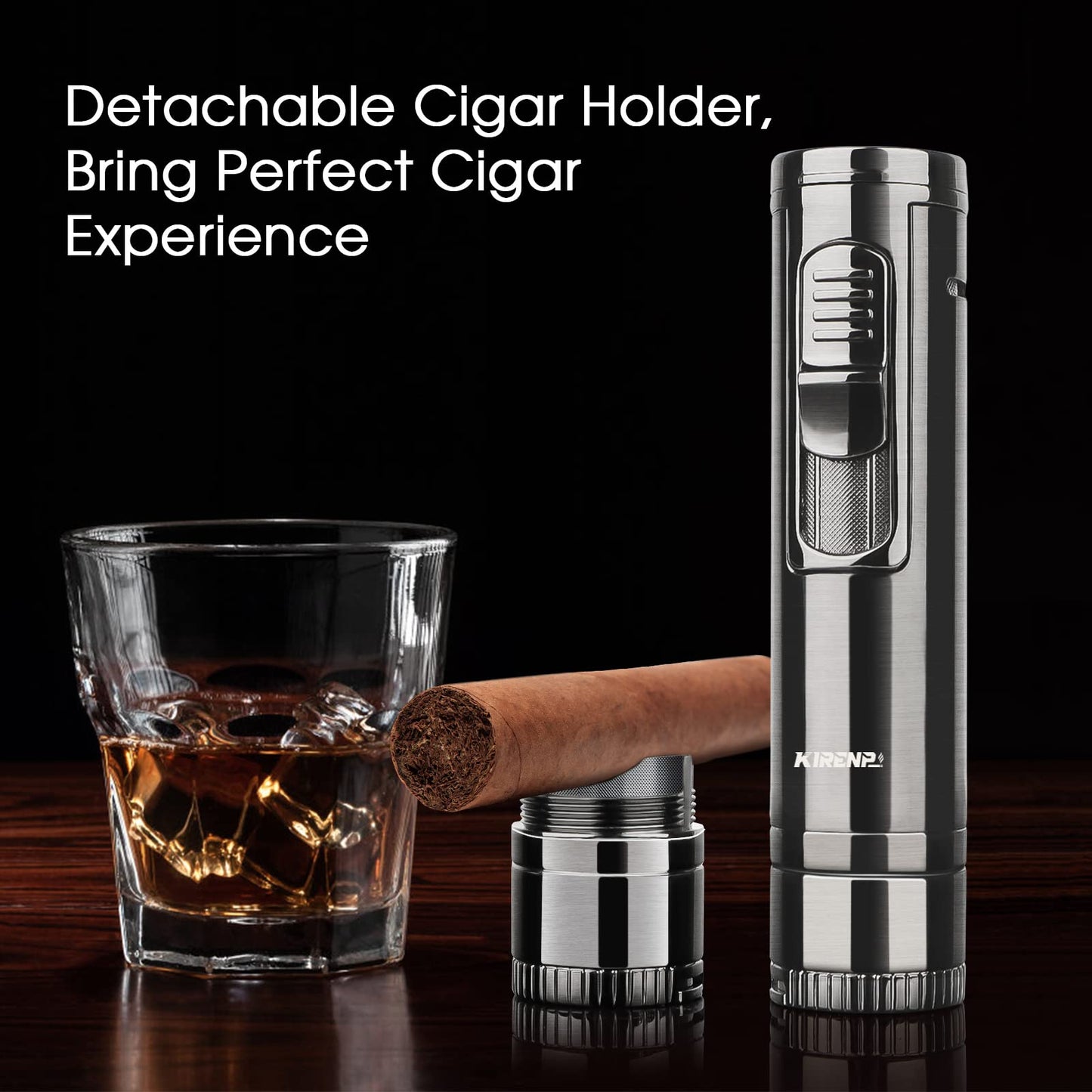 4-in-1 Torch Cigar Lighter with Jet Flame, Cigar Punch, Cigar Holder, Cigar Draw Enhancer, All-in-one Cigar Accessories, Luxury Gift for Men, Refillable Butane Cool Lighters for Smoking, Candle